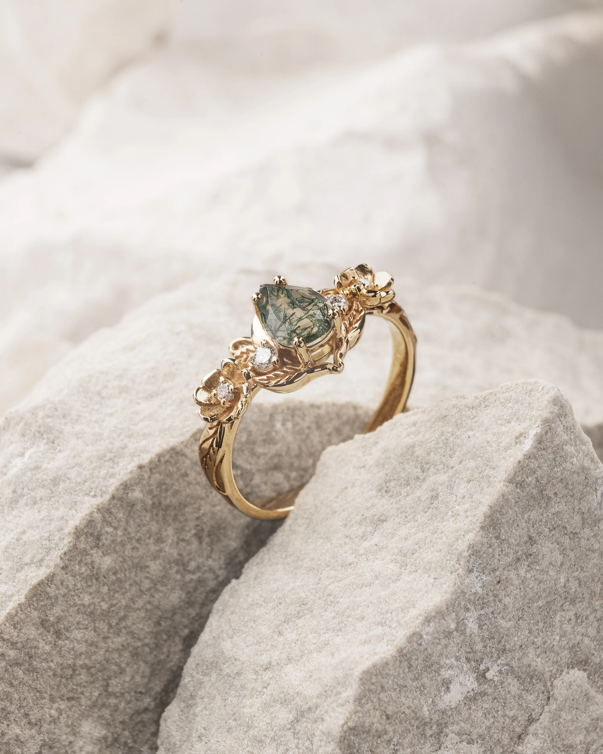 Moss agate and diamonds floral engagement ring / Adelina - Image 4