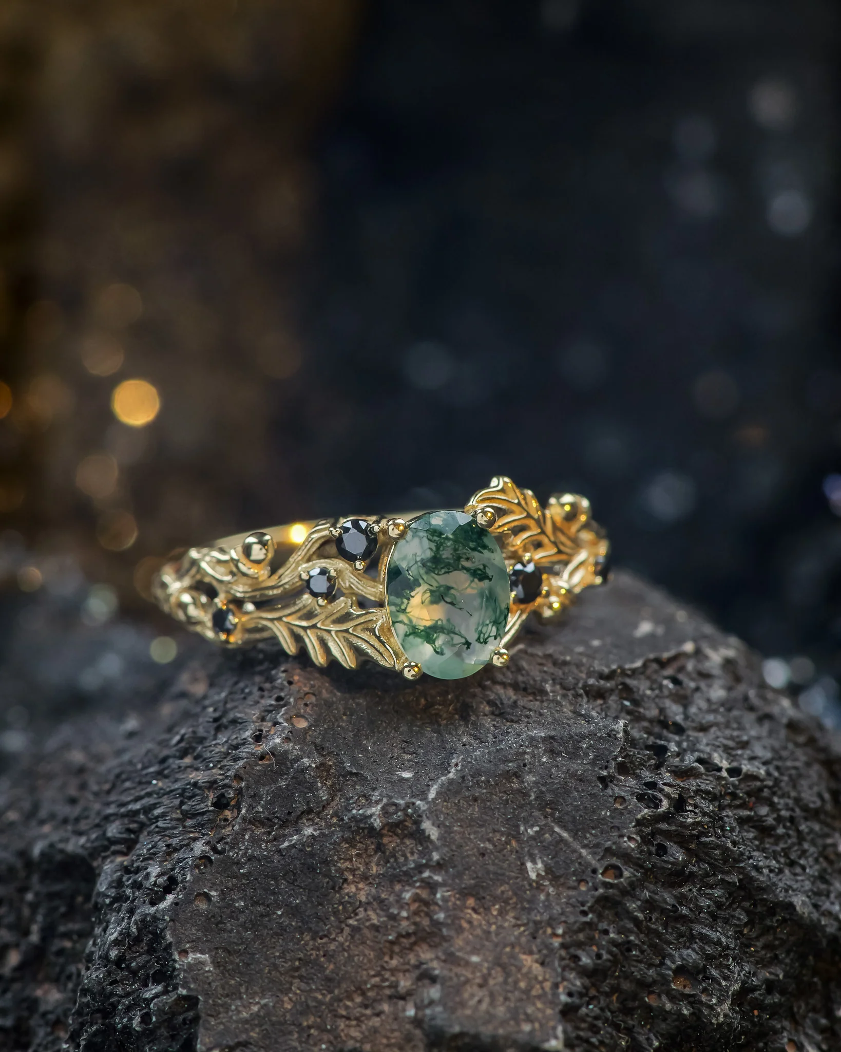 Moss agate engagement ring, gold oak leaves and black diamonds proposal ring / Silviya - Image 2