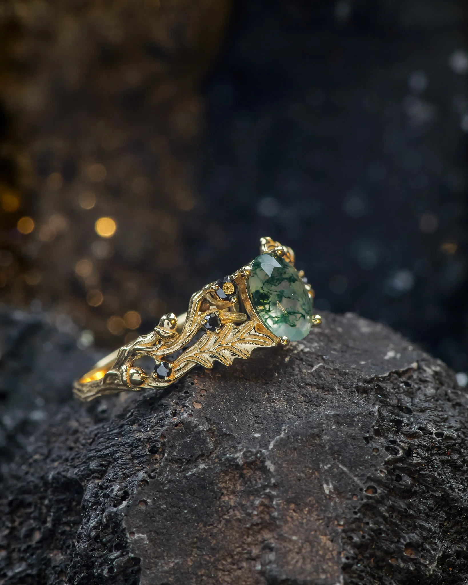 Moss agate engagement ring, gold oak leaves and black diamonds proposal ring / Silviya - Image 3