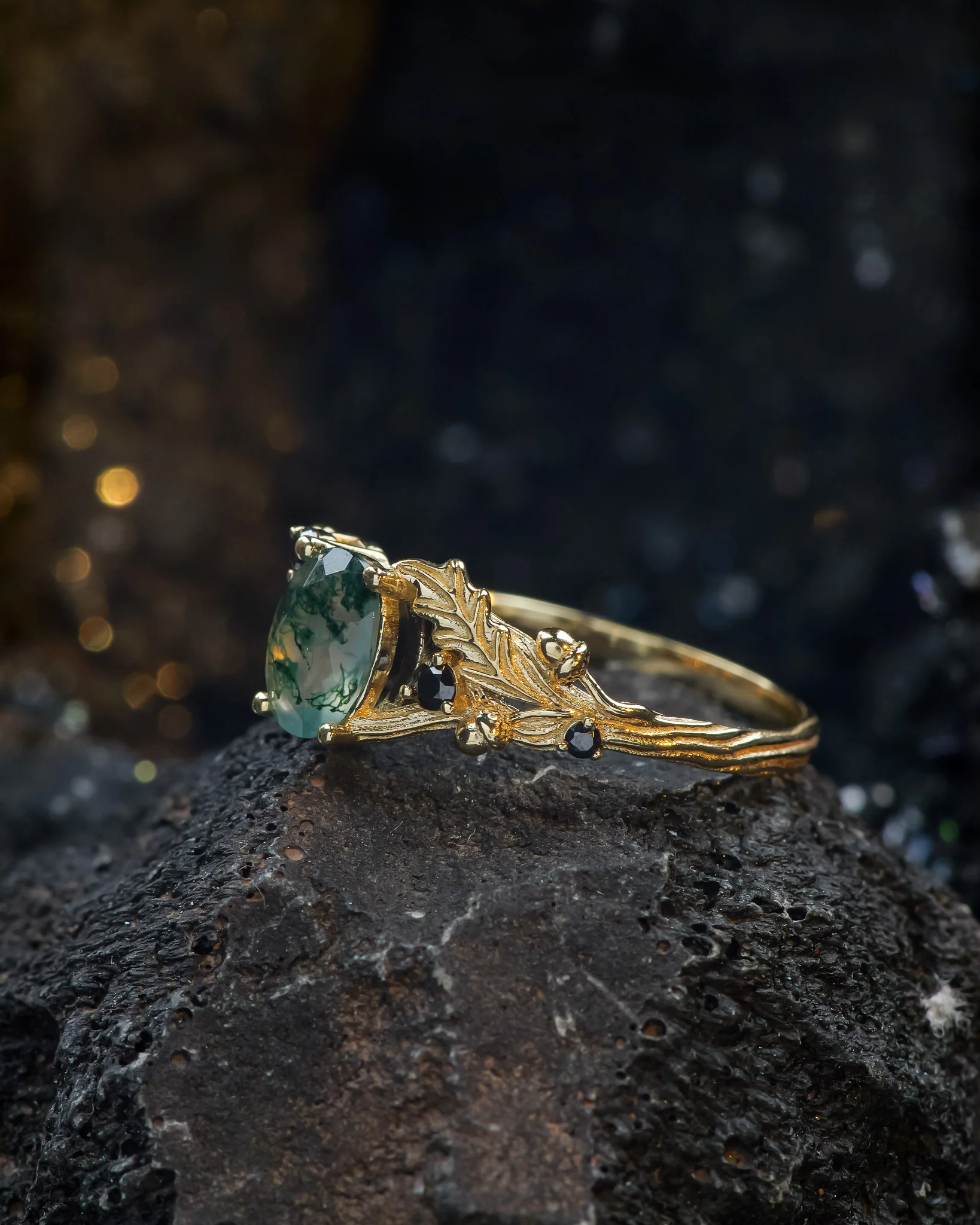 Moss agate engagement ring, gold oak leaves and black diamonds proposal ring / Silviya - Image 4