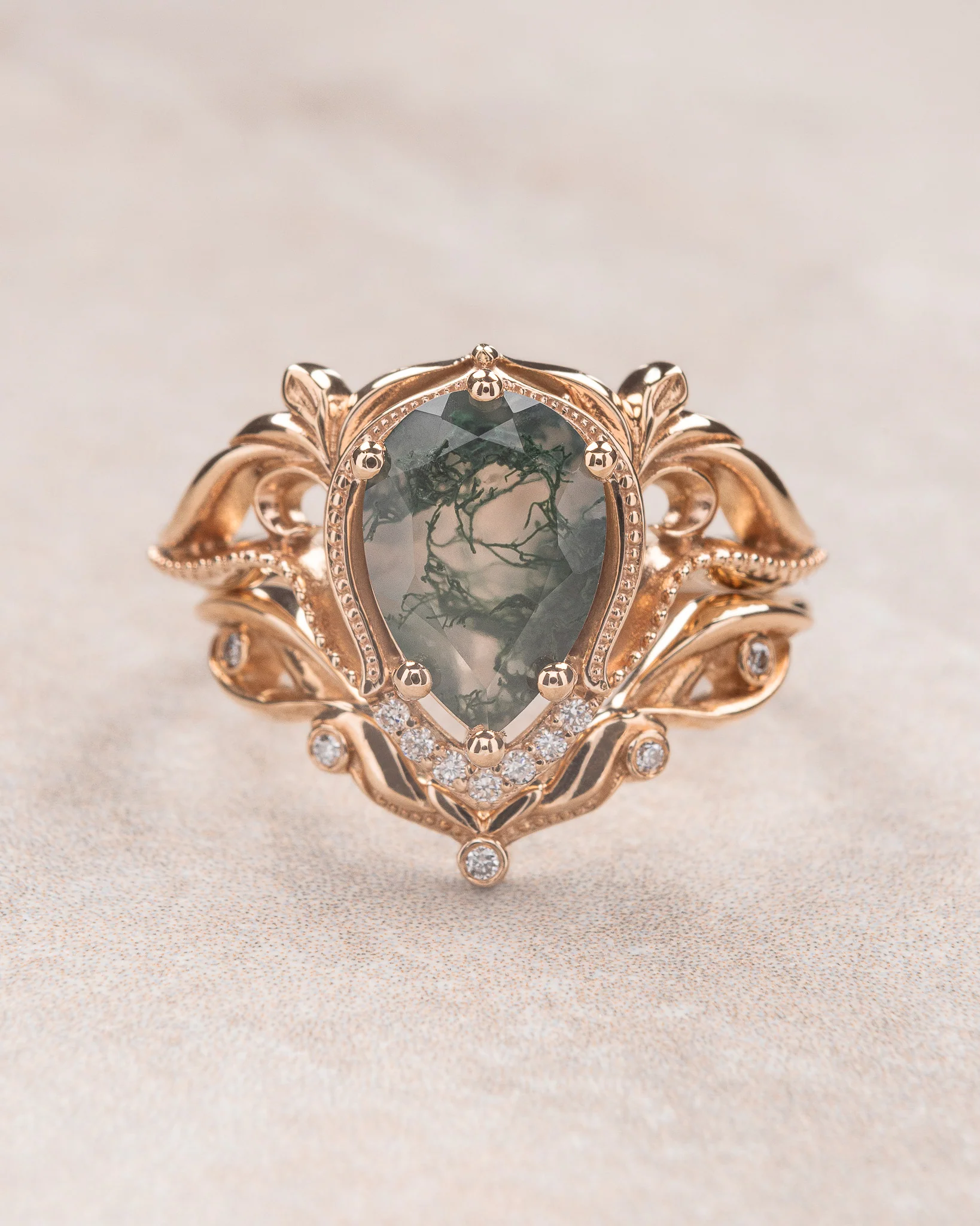 Moss agate engagement ring set, alternative ring set / Lida