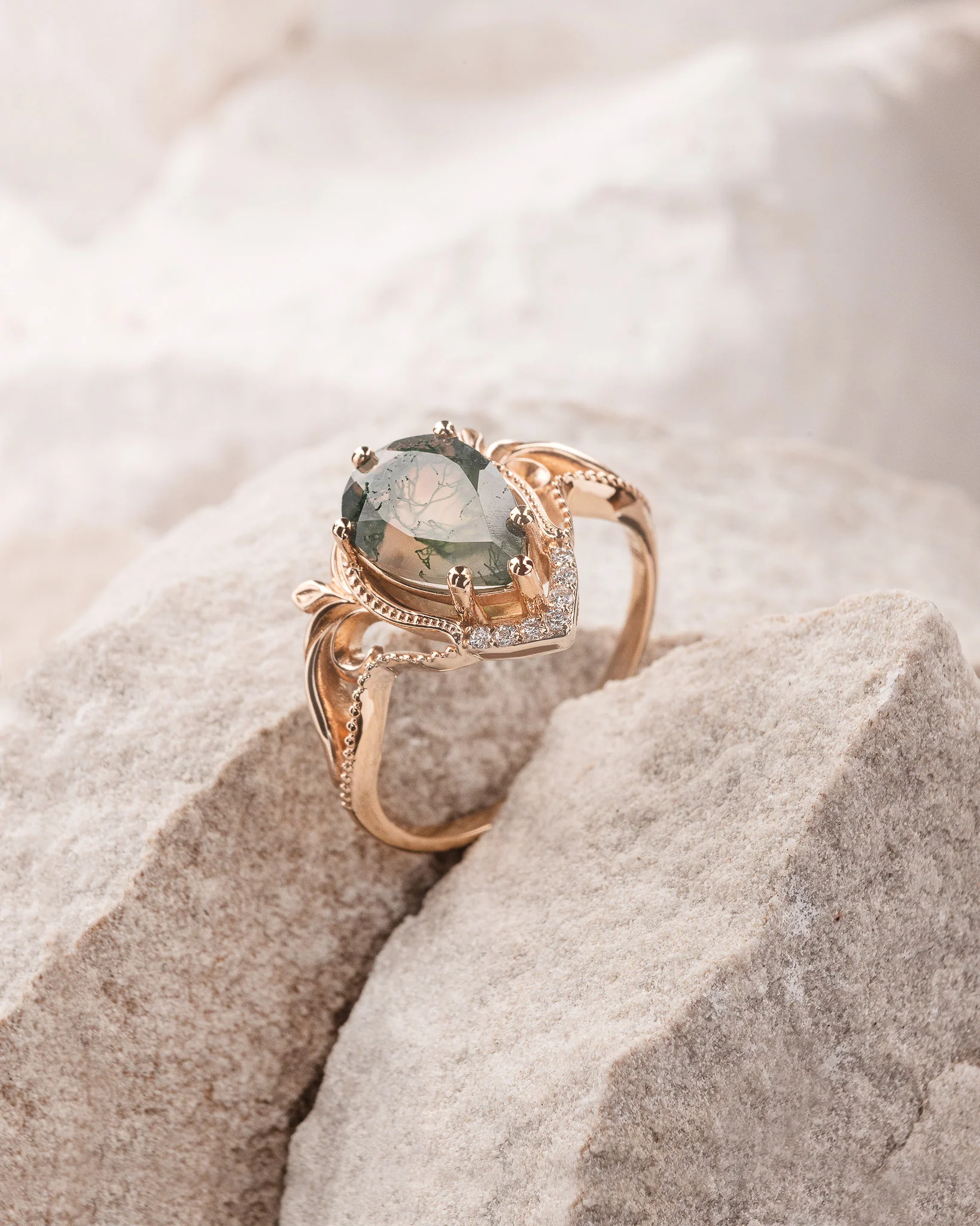 Moss agate engagement ring set, alternative ring set / Lida - Image 6