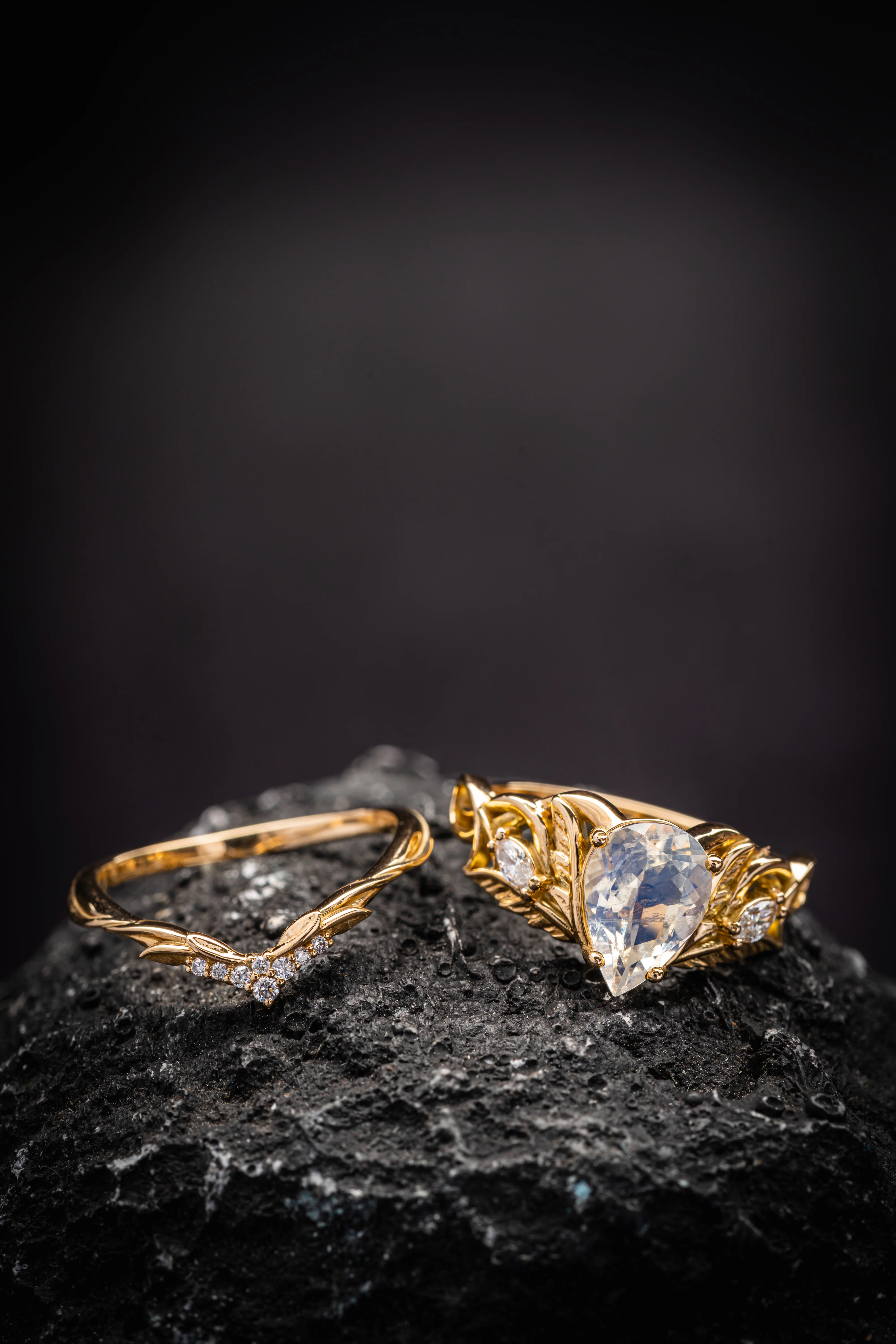 Mythology inspired engagement ring set with moonstone, big pear cut gemstone bridal ring set / Ikar - Image 2