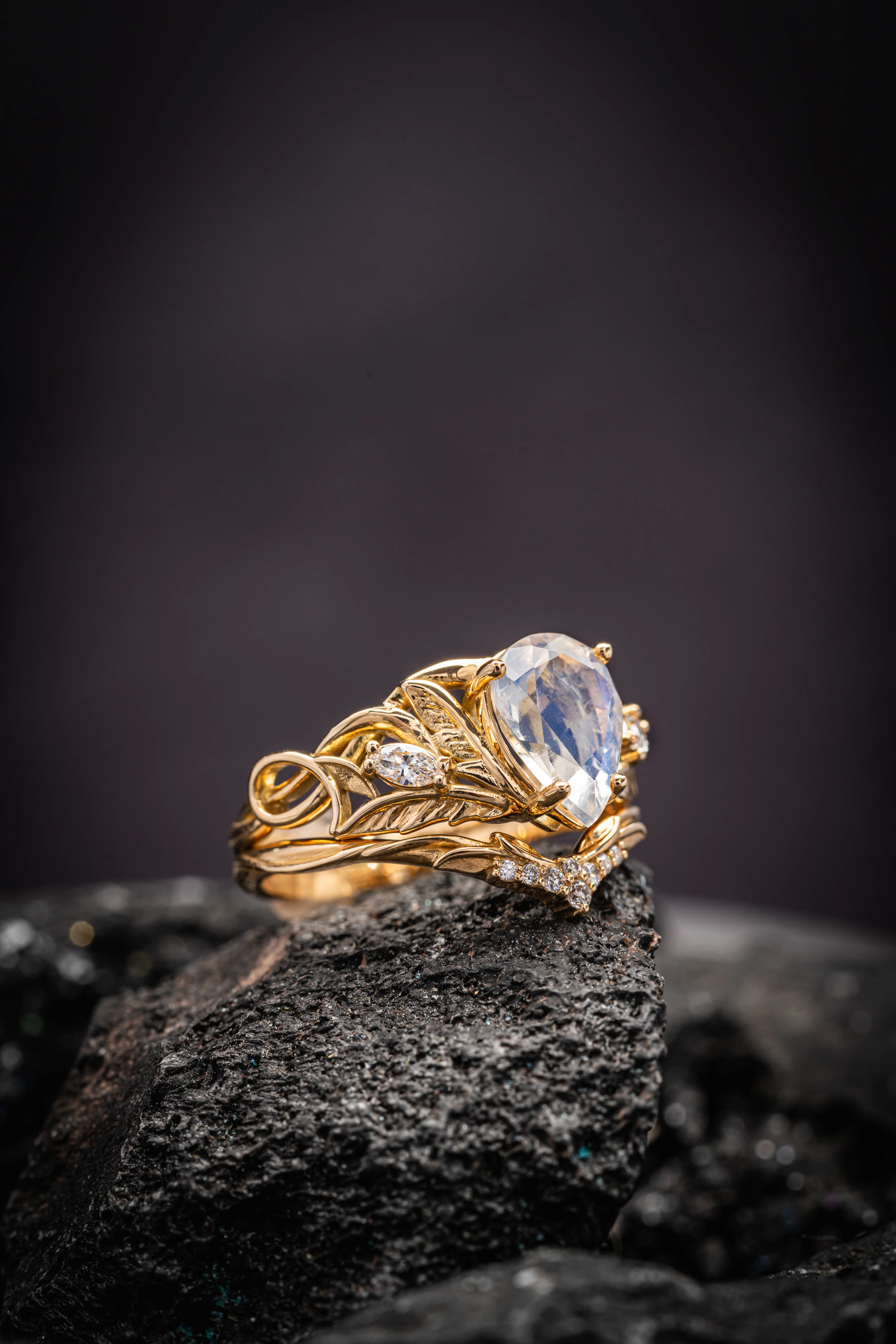 Mythology inspired engagement ring set with moonstone, big pear cut gemstone bridal ring set / Ikar - Image 3