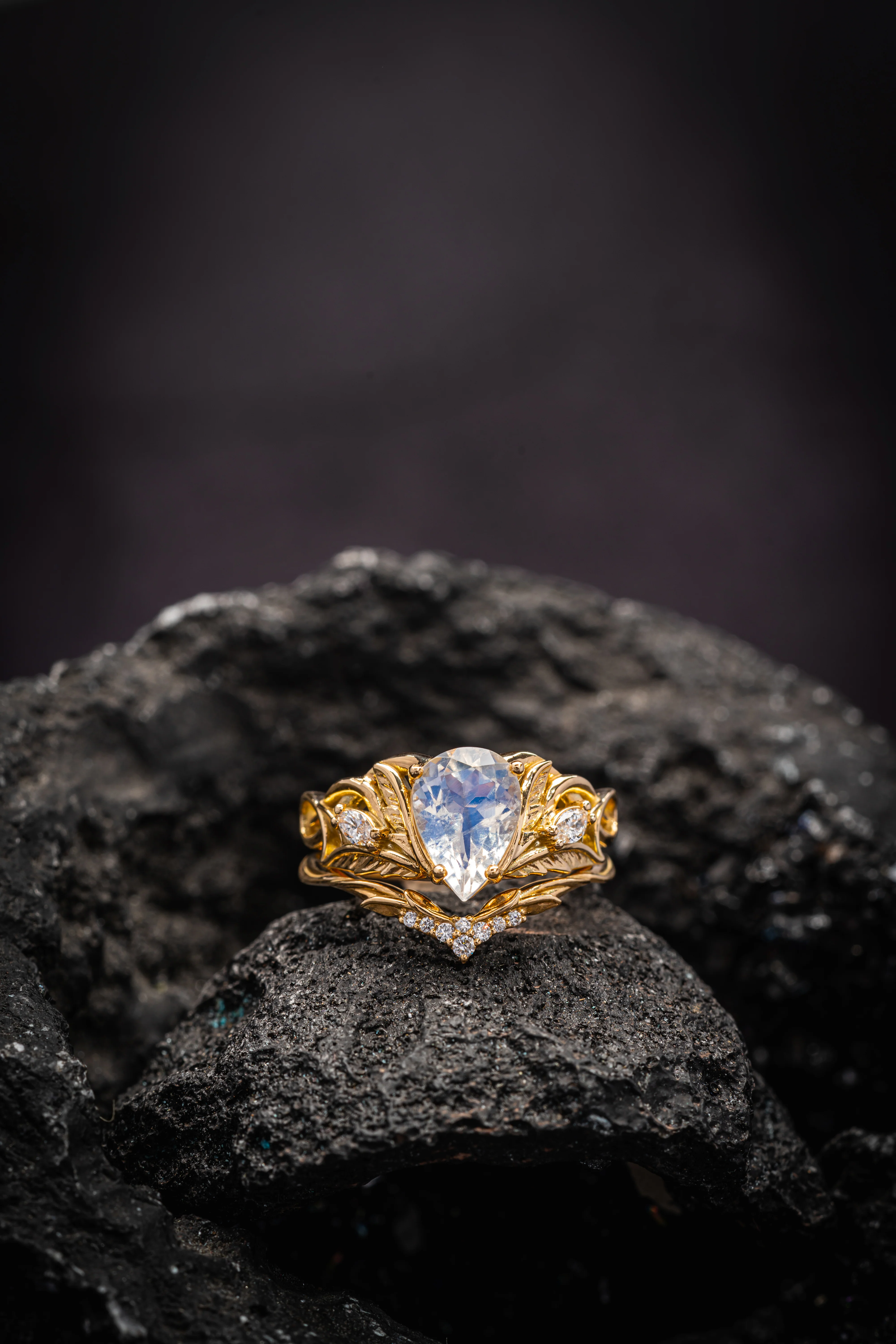 Mythology inspired engagement ring set with moonstone, big pear cut gemstone bridal ring set / Ikar - Image 4