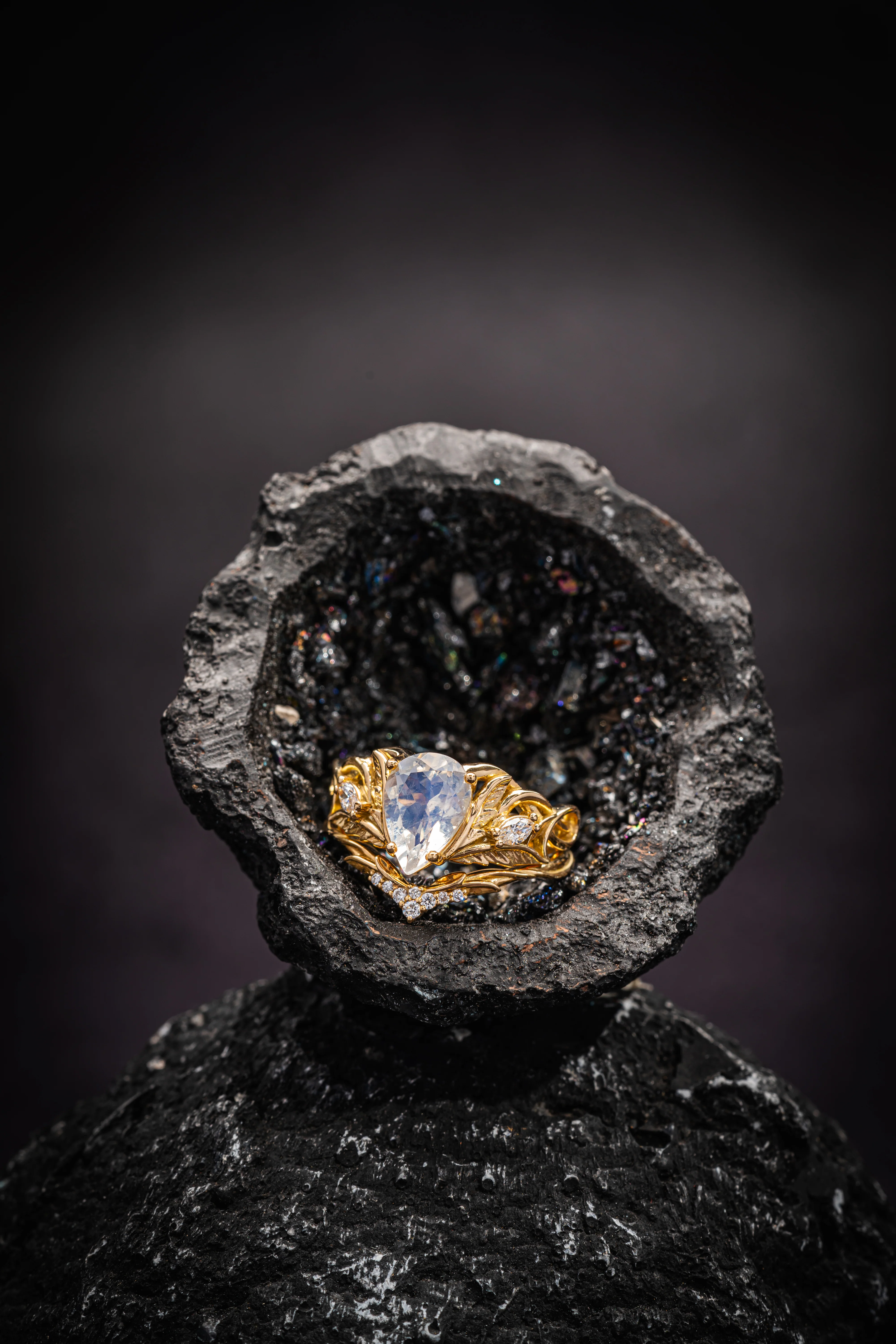 Mythology inspired engagement ring set with moonstone, big pear cut gemstone bridal ring set / Ikar - Image 5