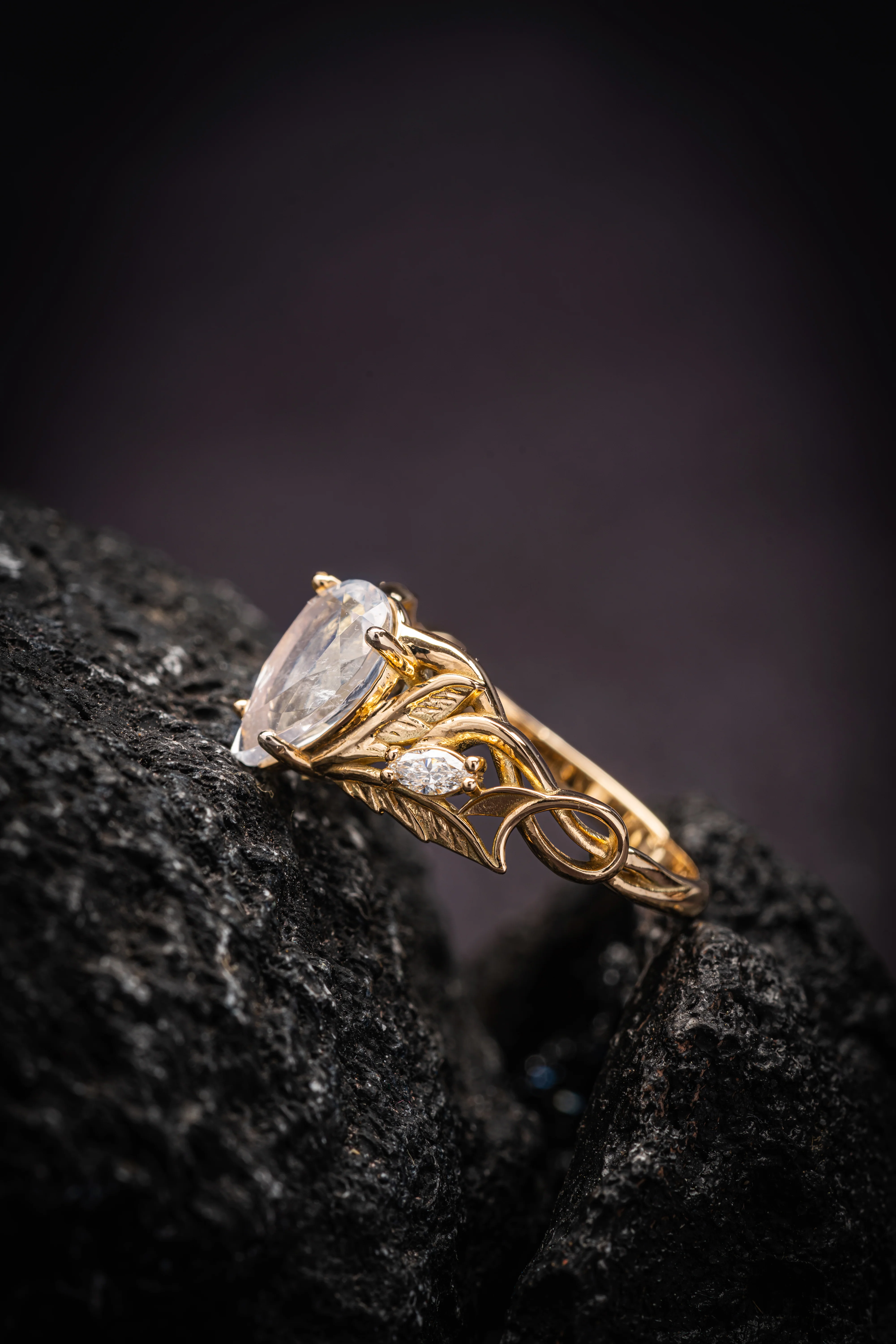 Mythology inspired engagement ring set with moonstone, big pear cut gemstone bridal ring set / Ikar - Image 7