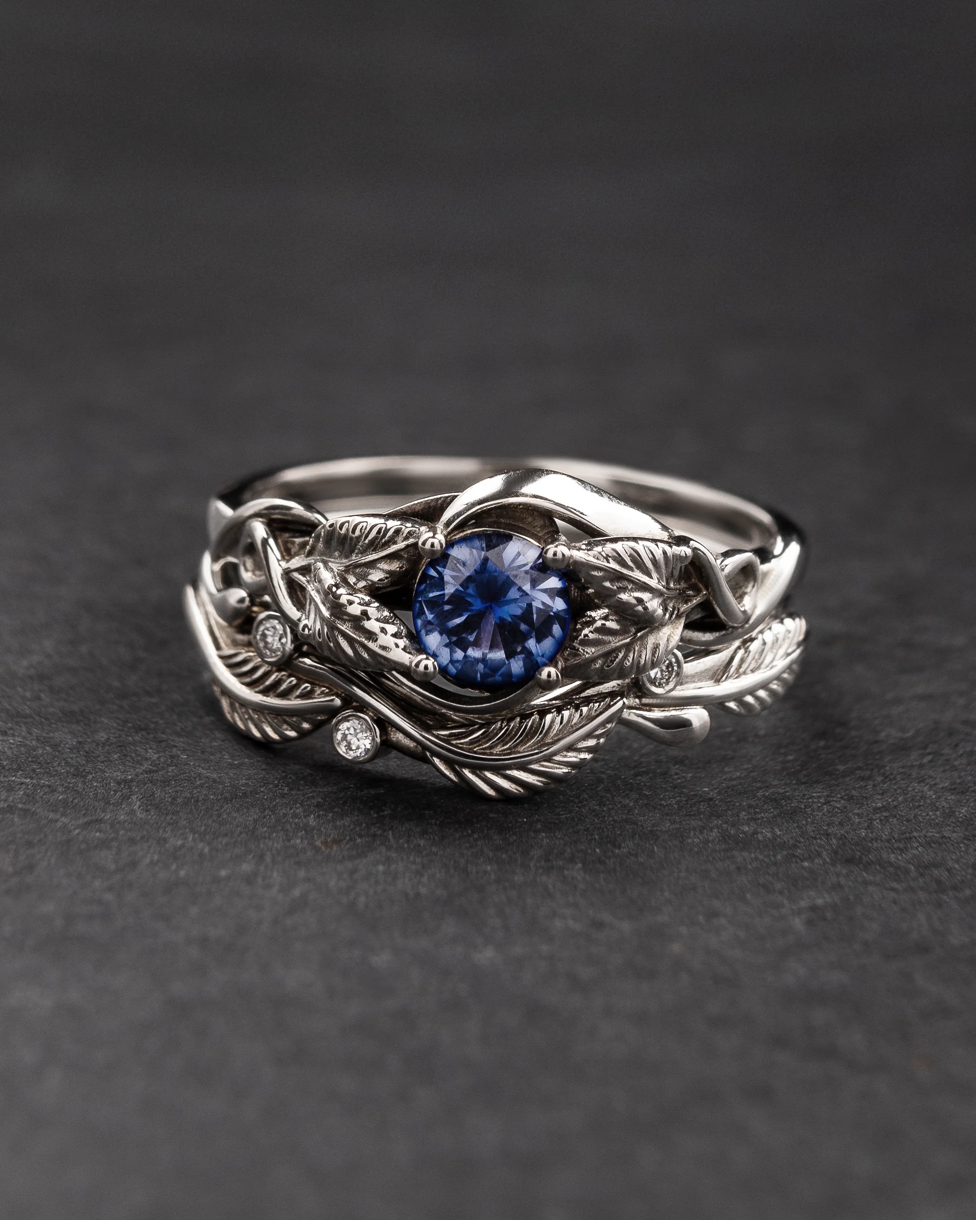 Natural clear sapphire engagement ring with golden leaves design / Azalea - Image 5