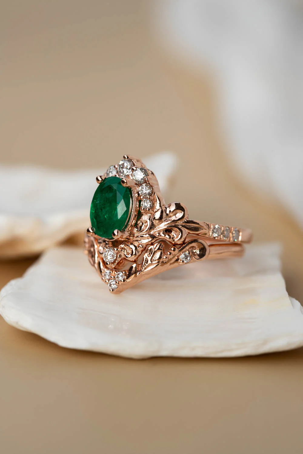 Natural emerald and diamonds bridal ring set, baroque inspired rose gold engagement ring set / Sophie - Image 3
