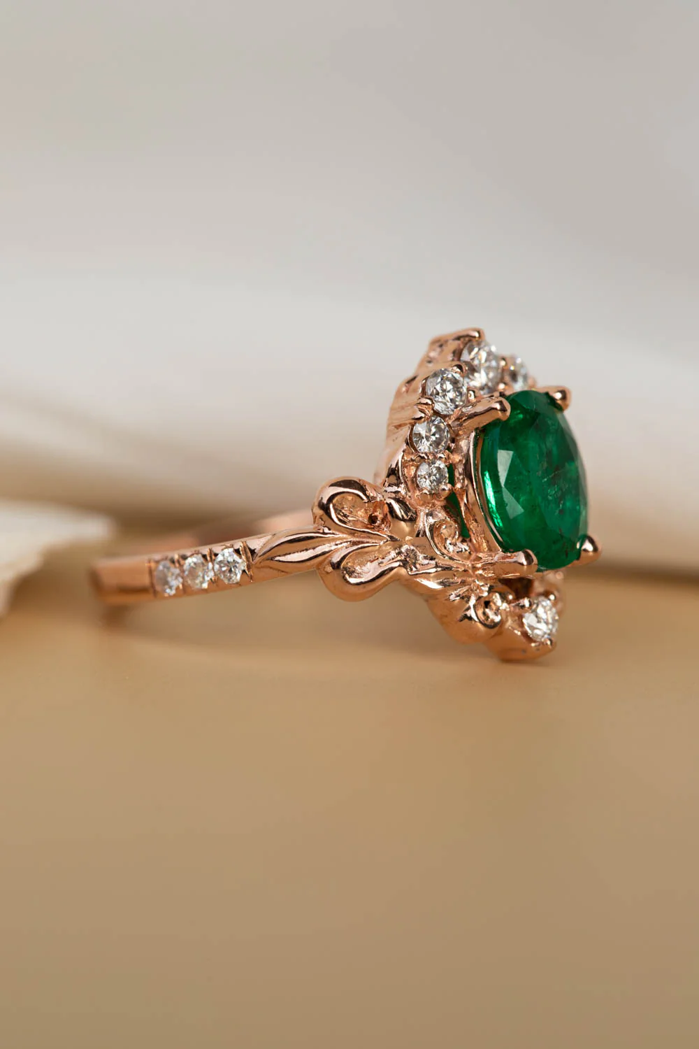 Natural emerald and diamonds bridal ring set, baroque inspired rose gold engagement ring set / Sophie - Image 4