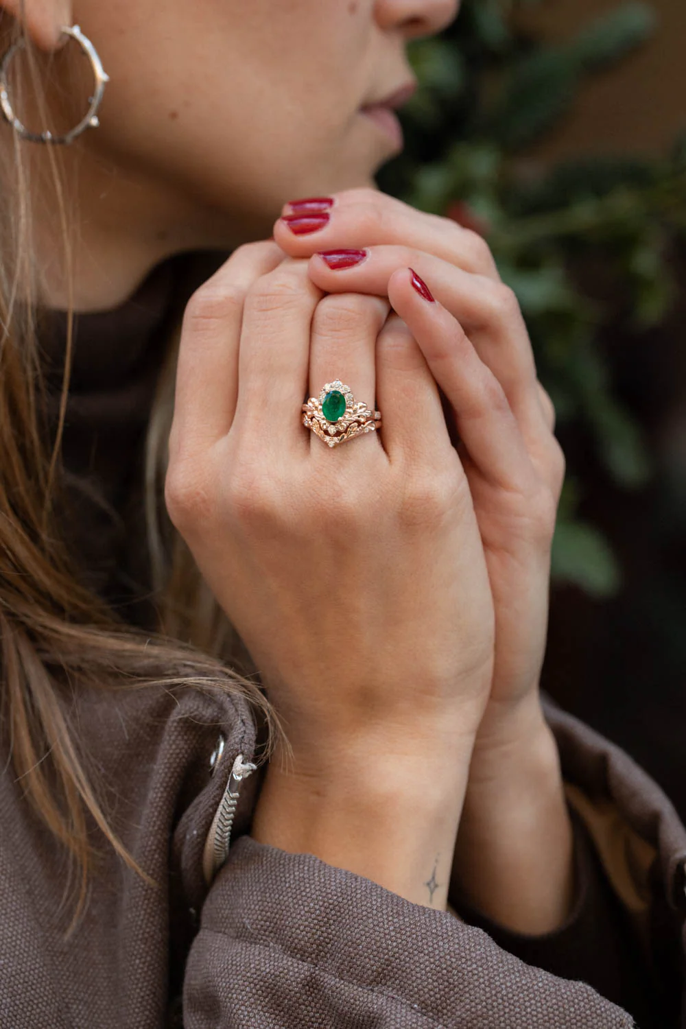 Natural emerald and diamonds bridal ring set, baroque inspired rose gold engagement ring set / Sophie - Image 6