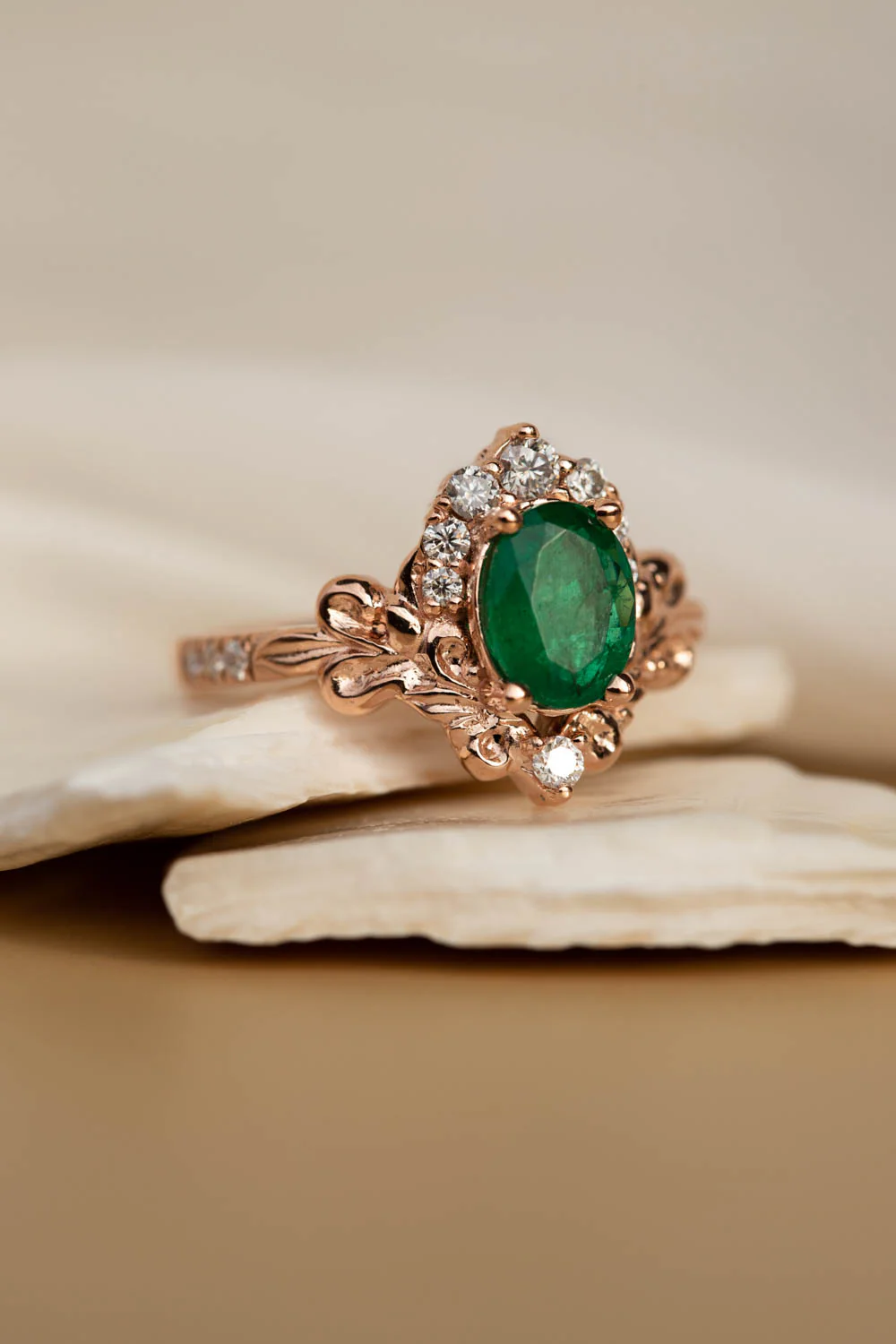 Natural emerald and diamonds bridal ring set, baroque inspired rose gold engagement ring set / Sophie - Image 7