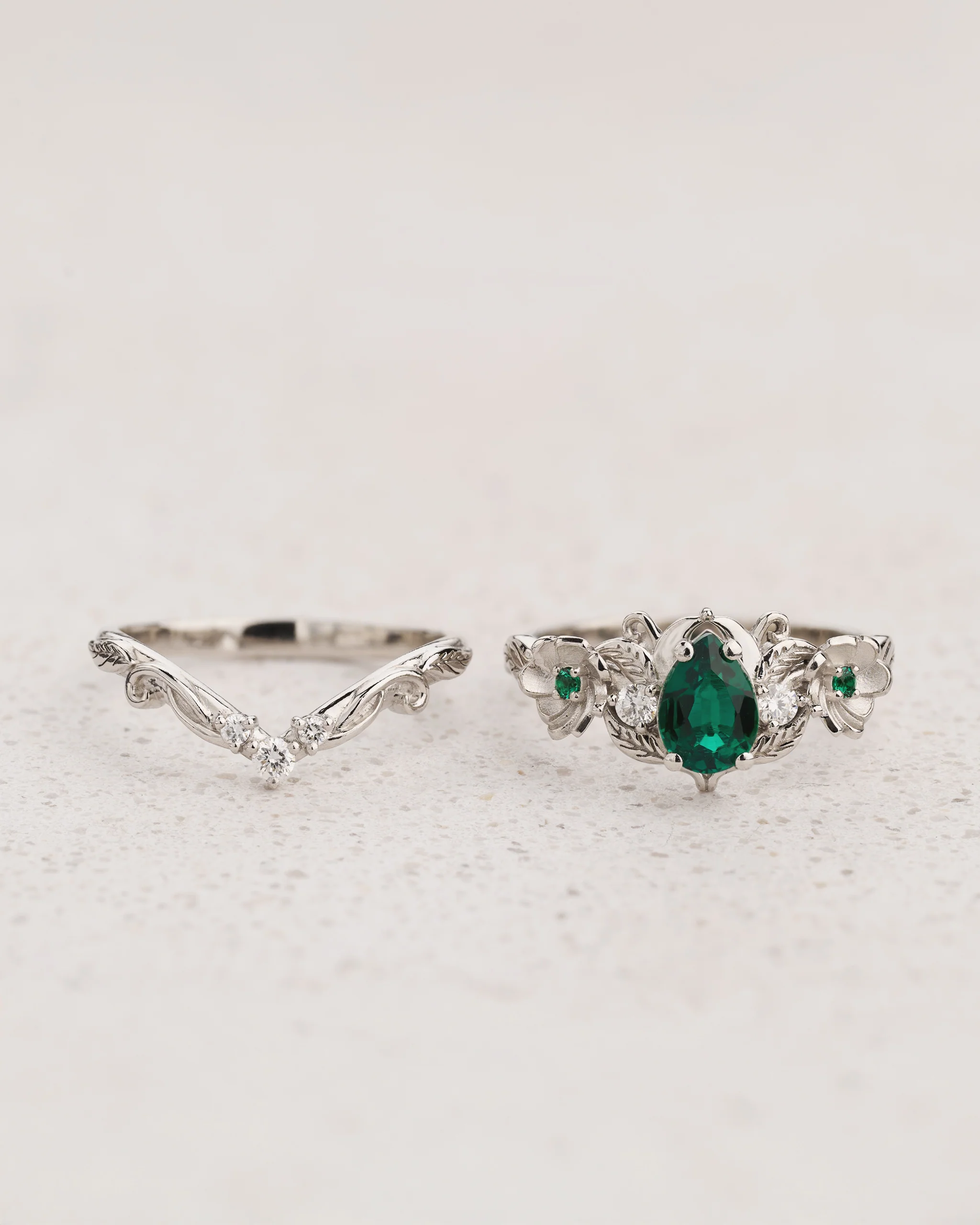 Lab-created emerald engagement ring set, unique flower style bridal ring set / Adelina - Image 2