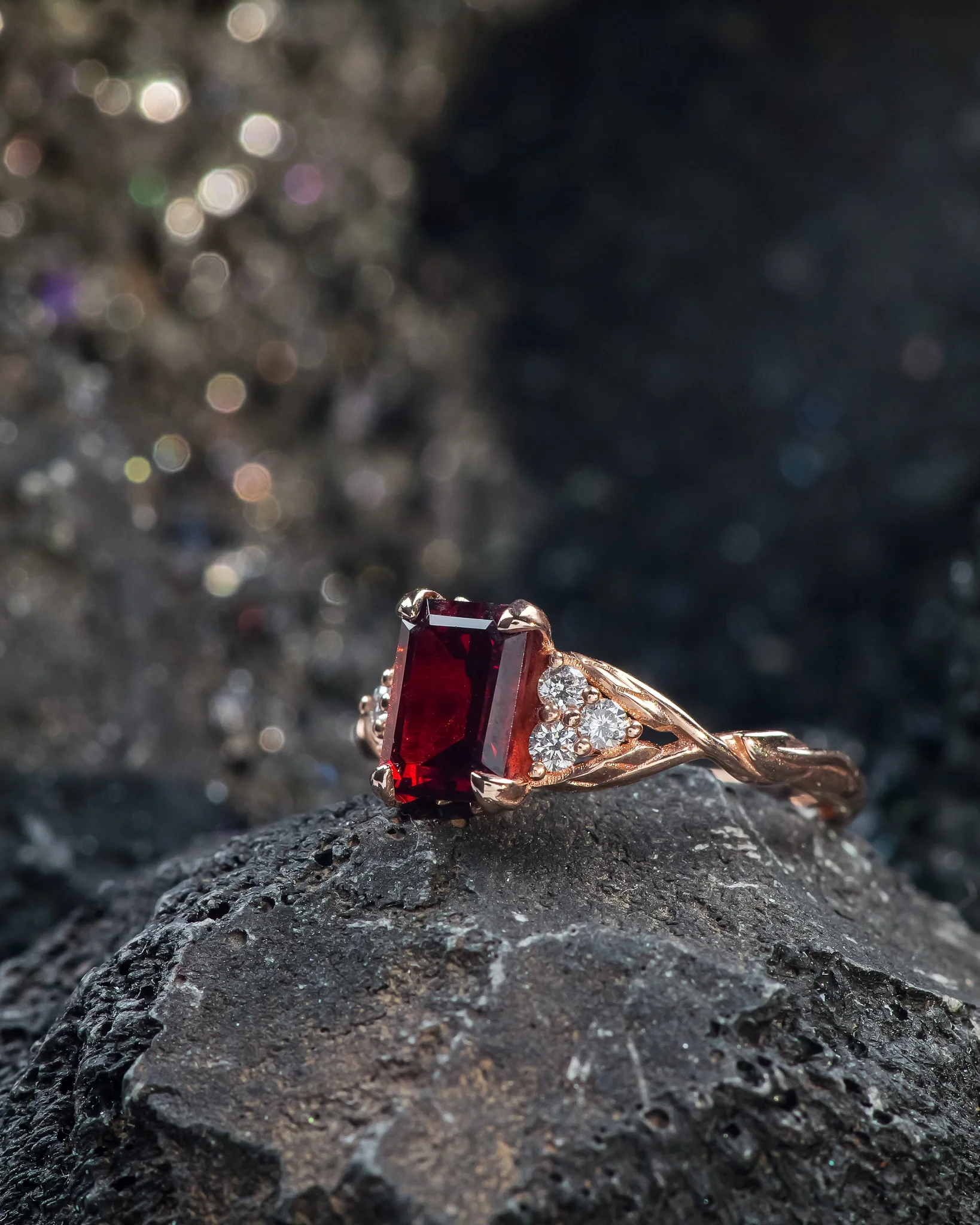 Natural garnet and diamonds engagement ring, emerald cut gemstone rose gold ring / Gloria - Image 3