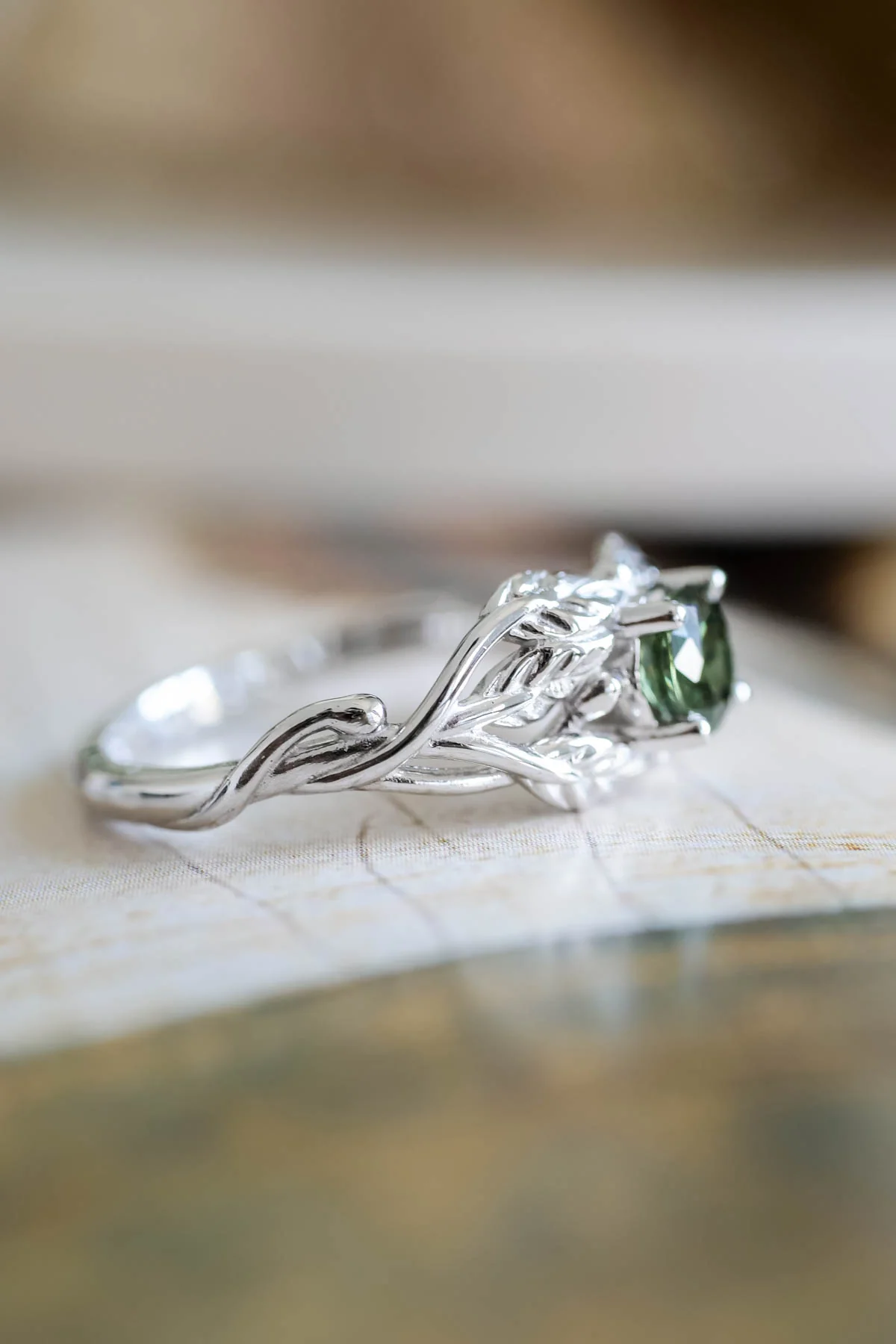 Natural green sapphire engagement ring, gold leaf ring / Tilia - Image 4