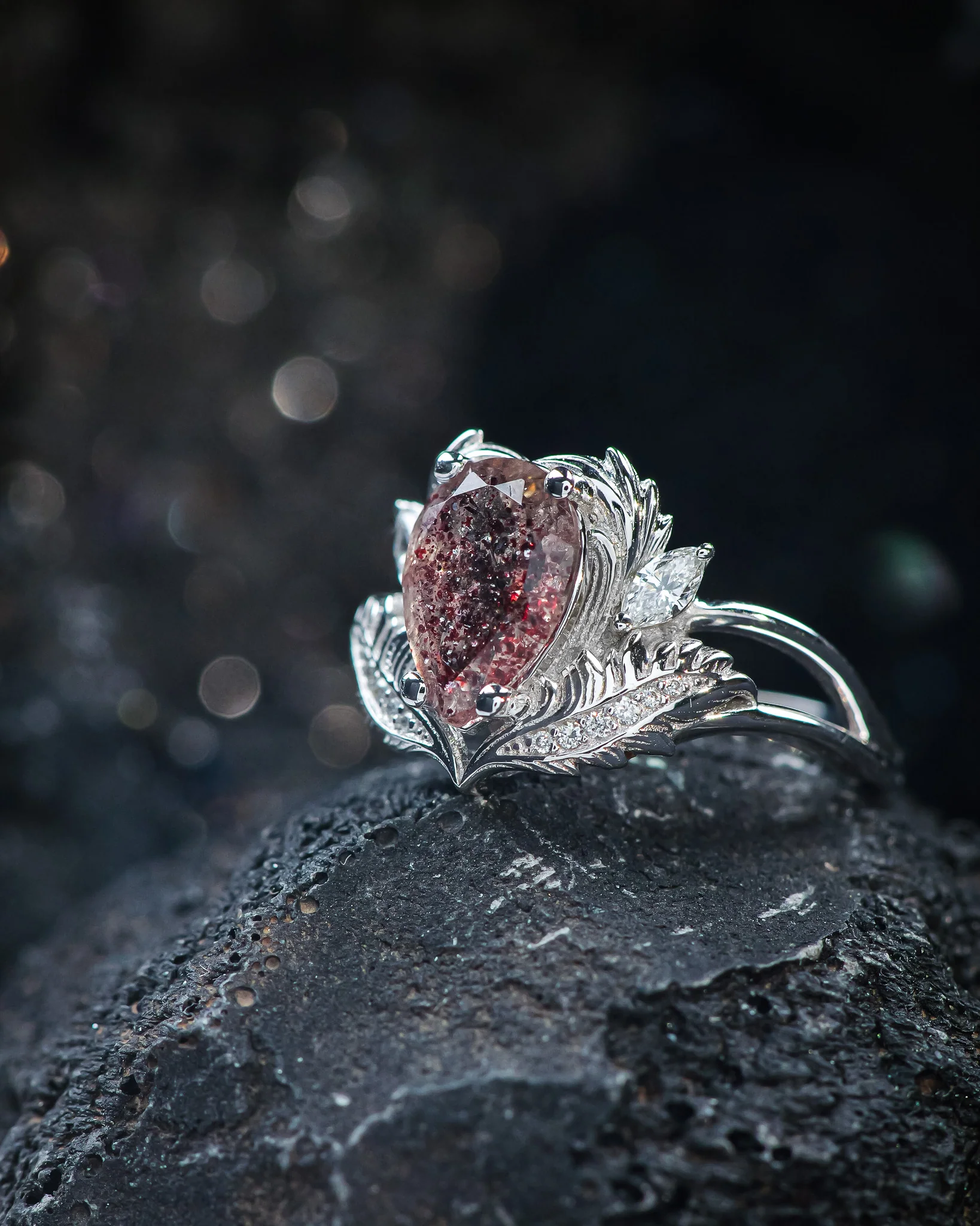 Unique melody quartz engagement ring, 10x7 mm central melody quartz & accent diamonds - Image 2