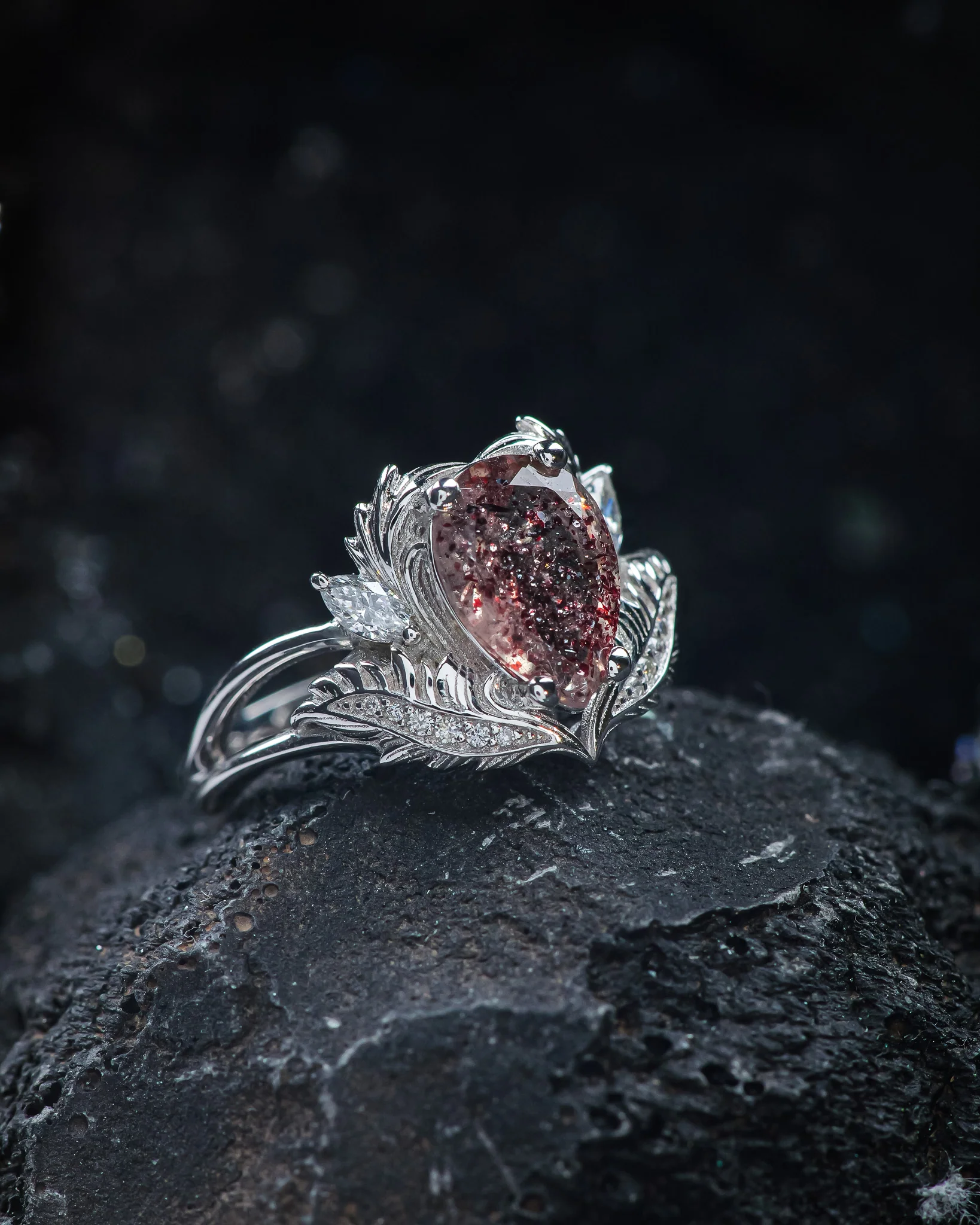Unique melody quartz engagement ring, 10x7 mm central melody quartz & accent diamonds - Image 3