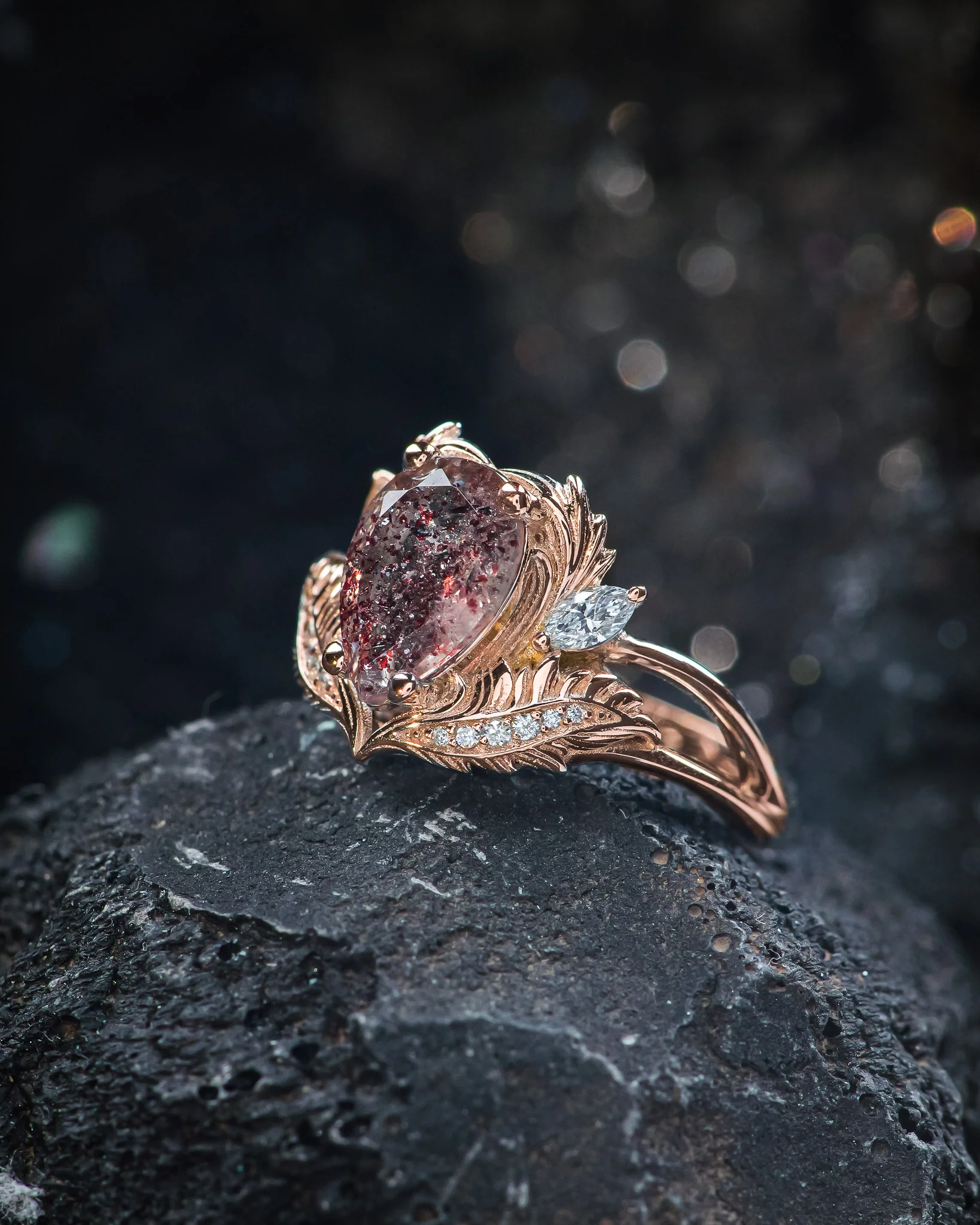 Unique melody quartz engagement ring, 10x7 mm central melody quartz & accent diamonds - Image 4