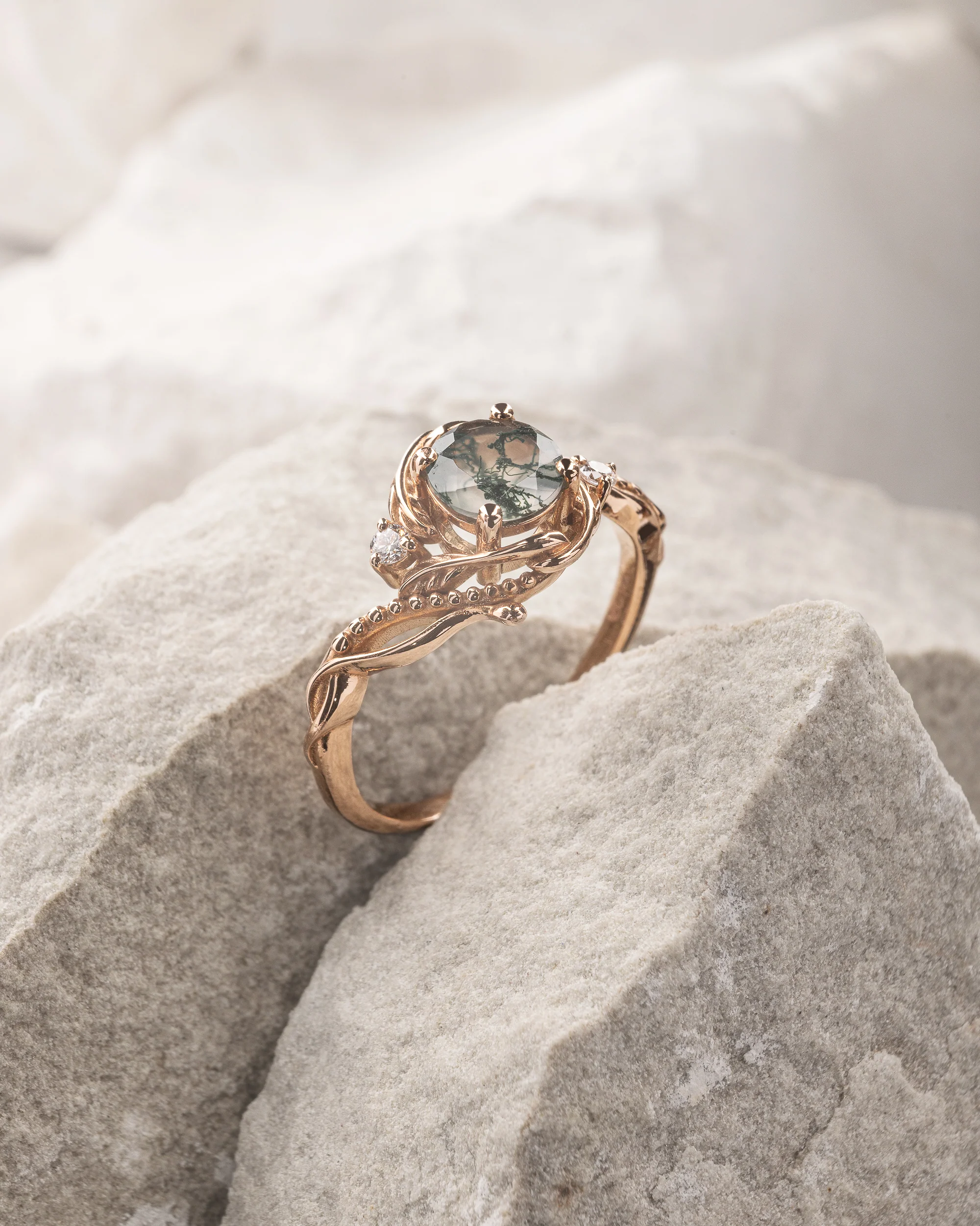 Rose gold engagement ring with moss agate and diamond accents / Undina - Image 5