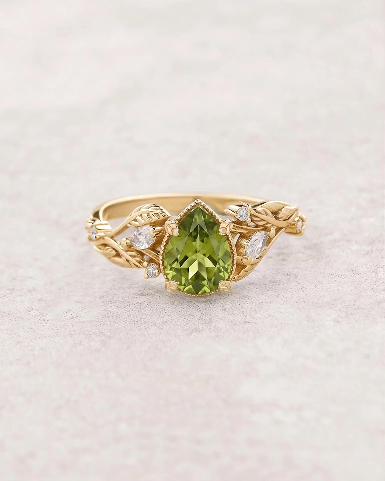 Natural peridot engagement ring, gold vines and leaves ring with accent diamonds  / Patricia - Image 3