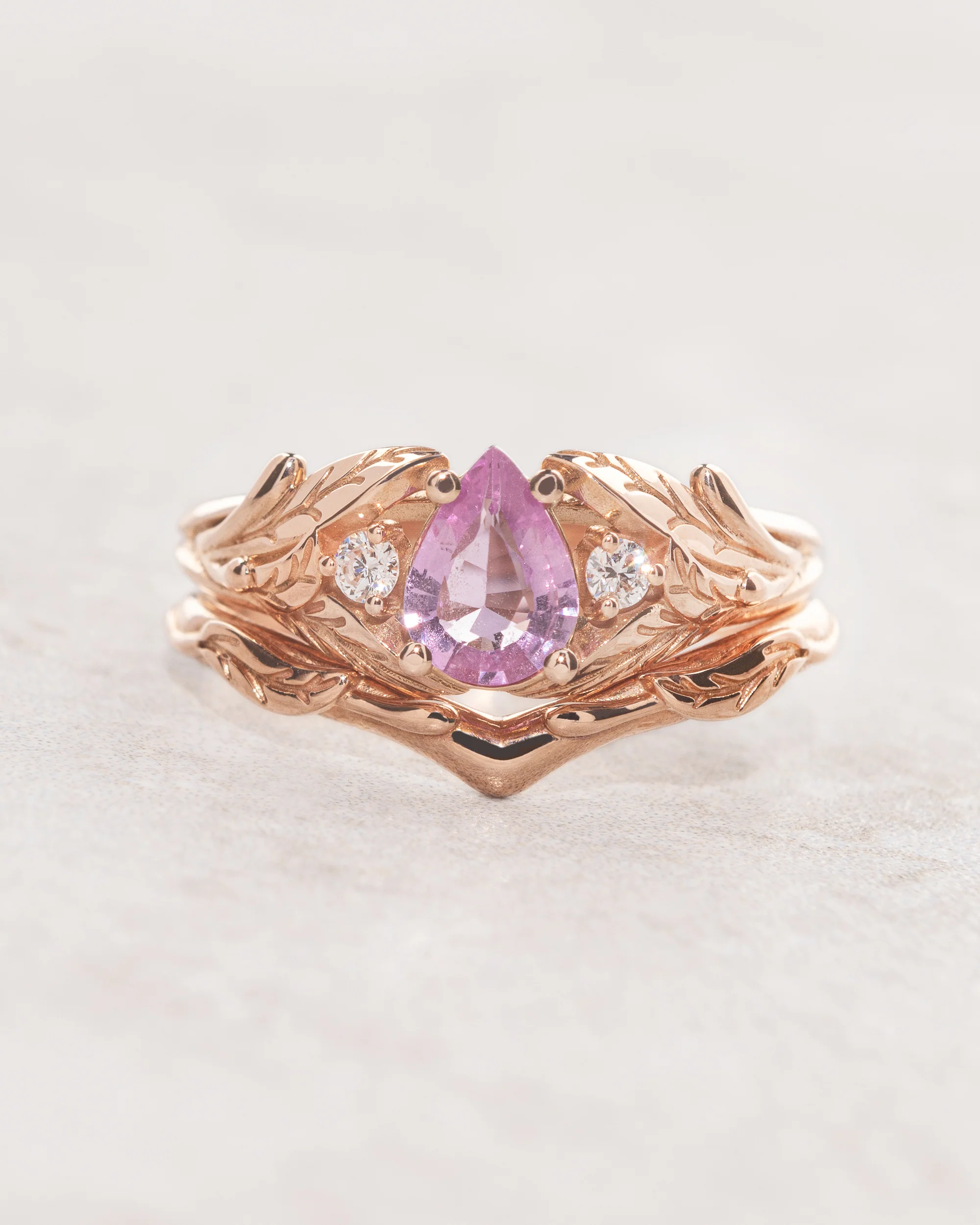 Natural pink sapphire and diamonds bridal ring set / Wisteria