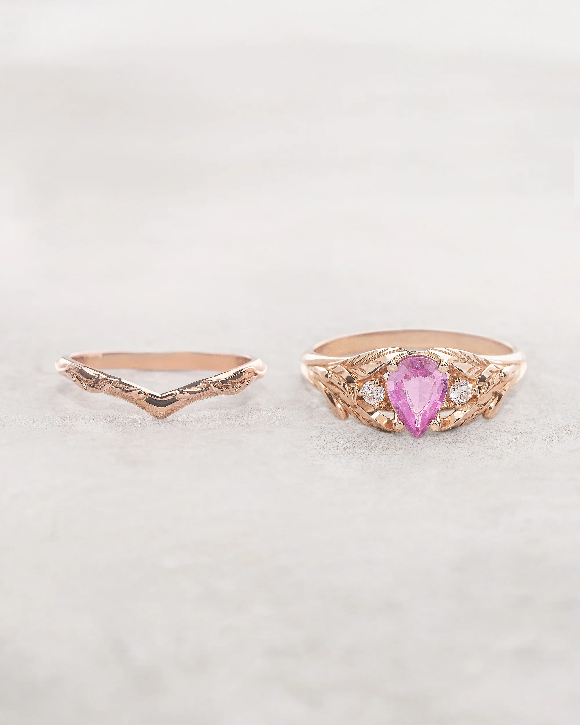 Natural pink sapphire and diamonds bridal ring set / Wisteria - Image 3