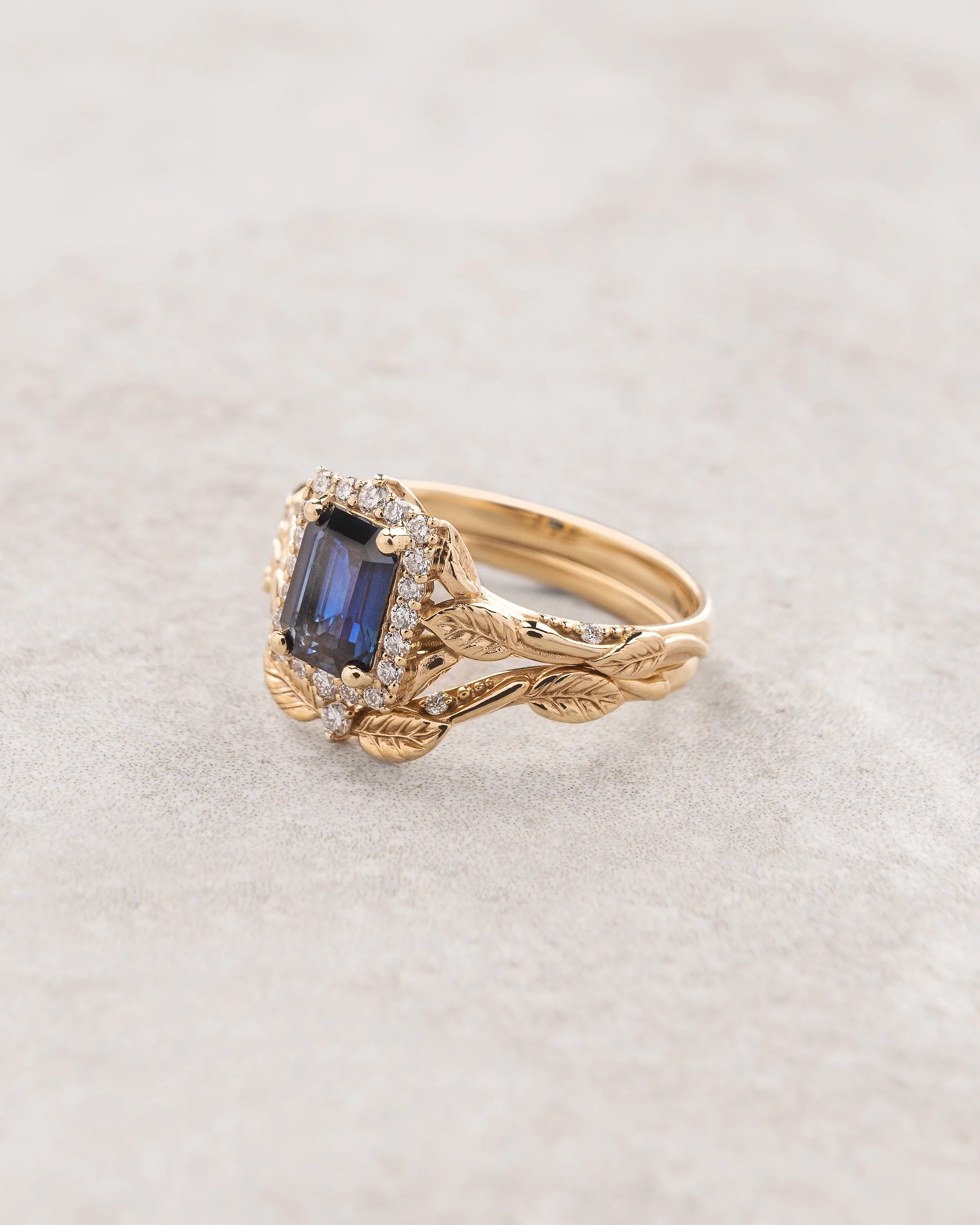Natural sapphire engagement ring with diamond halo, emerald cut gemstone ring / Florentina - Image 5