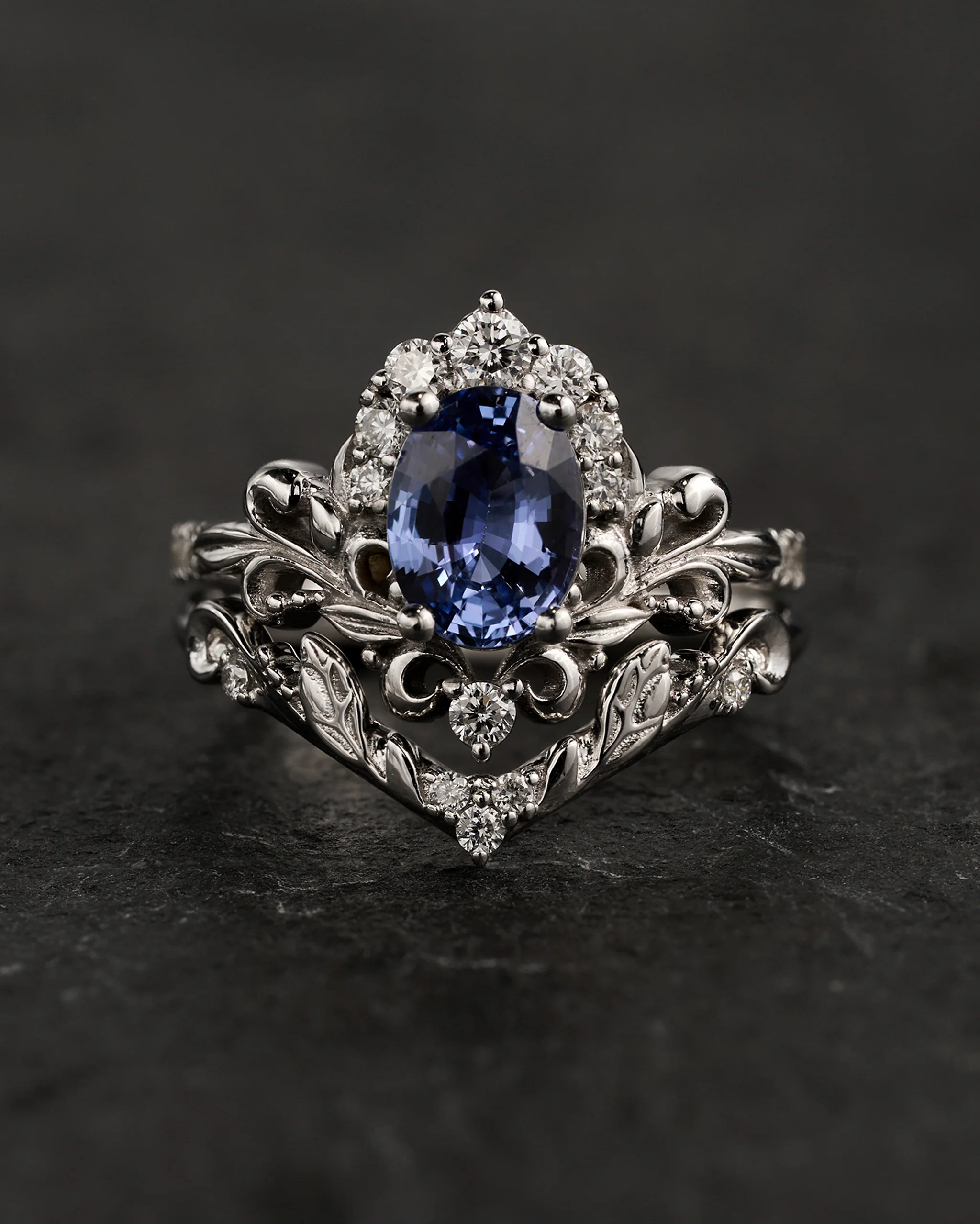 Natural blue sapphire bridal set, baroque inspired gold engagement ring set with diamonds / Sophie