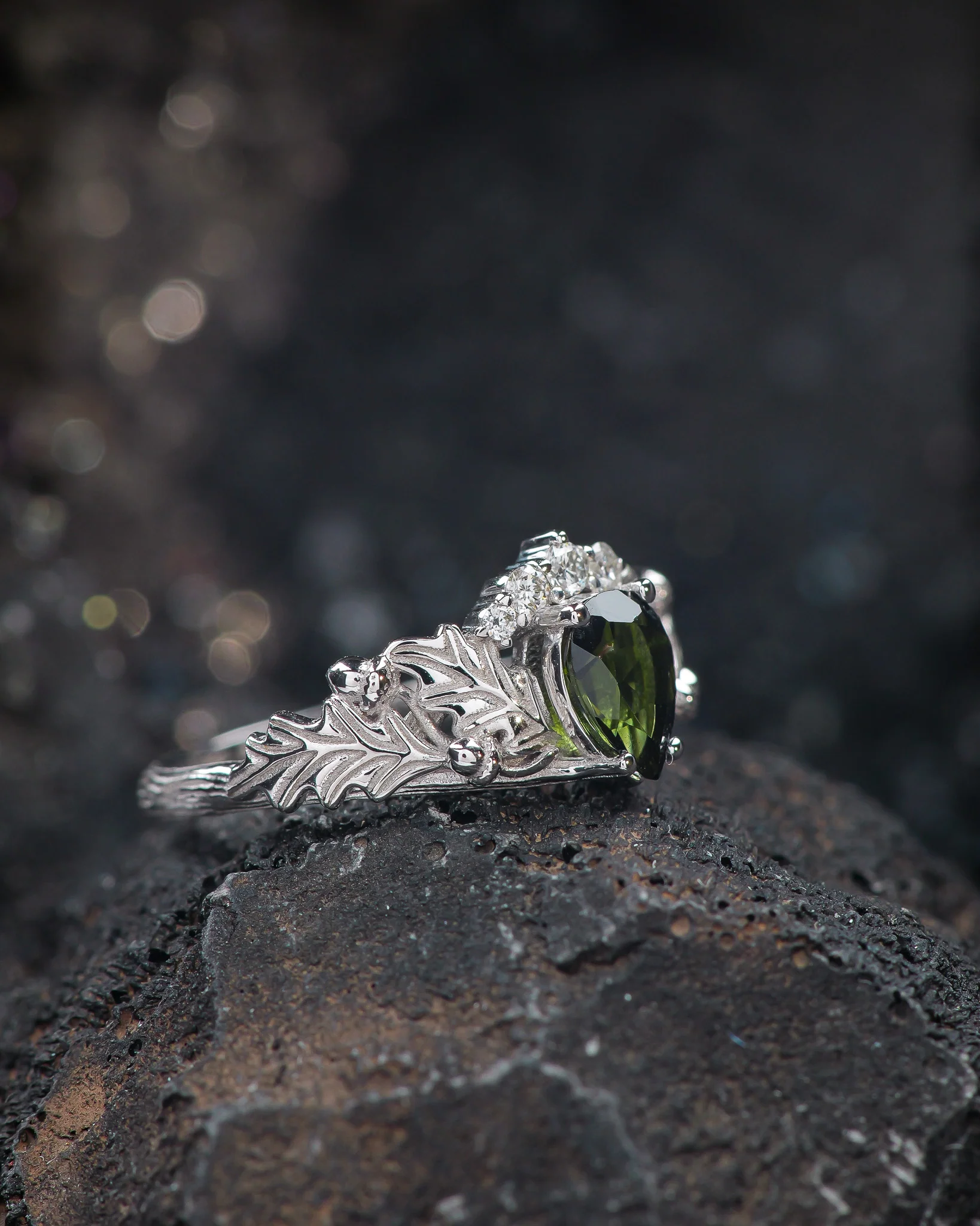 Natural tourmaline oak leaves bridal ring set, nature inspired engagement and wedding rings / Royal Oak - Image 5