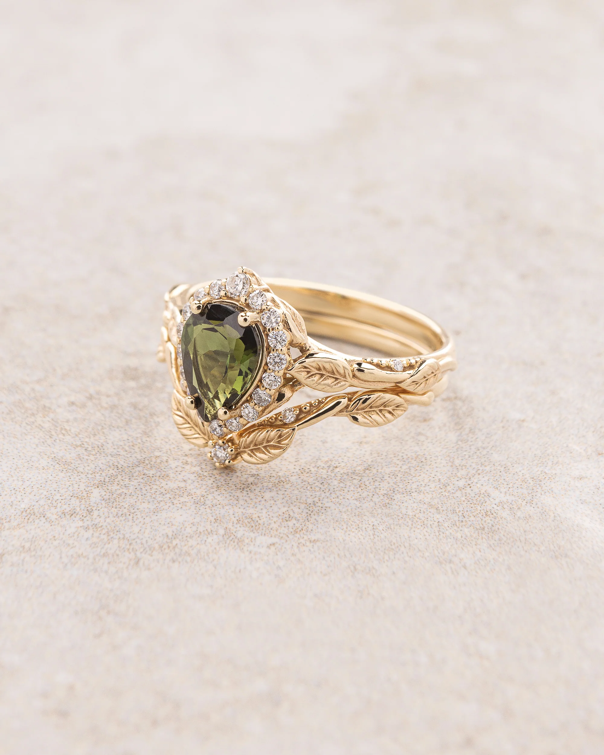 Nature inspired bridal ring set with green tourmaline and diamonds / Florentina - Image 2