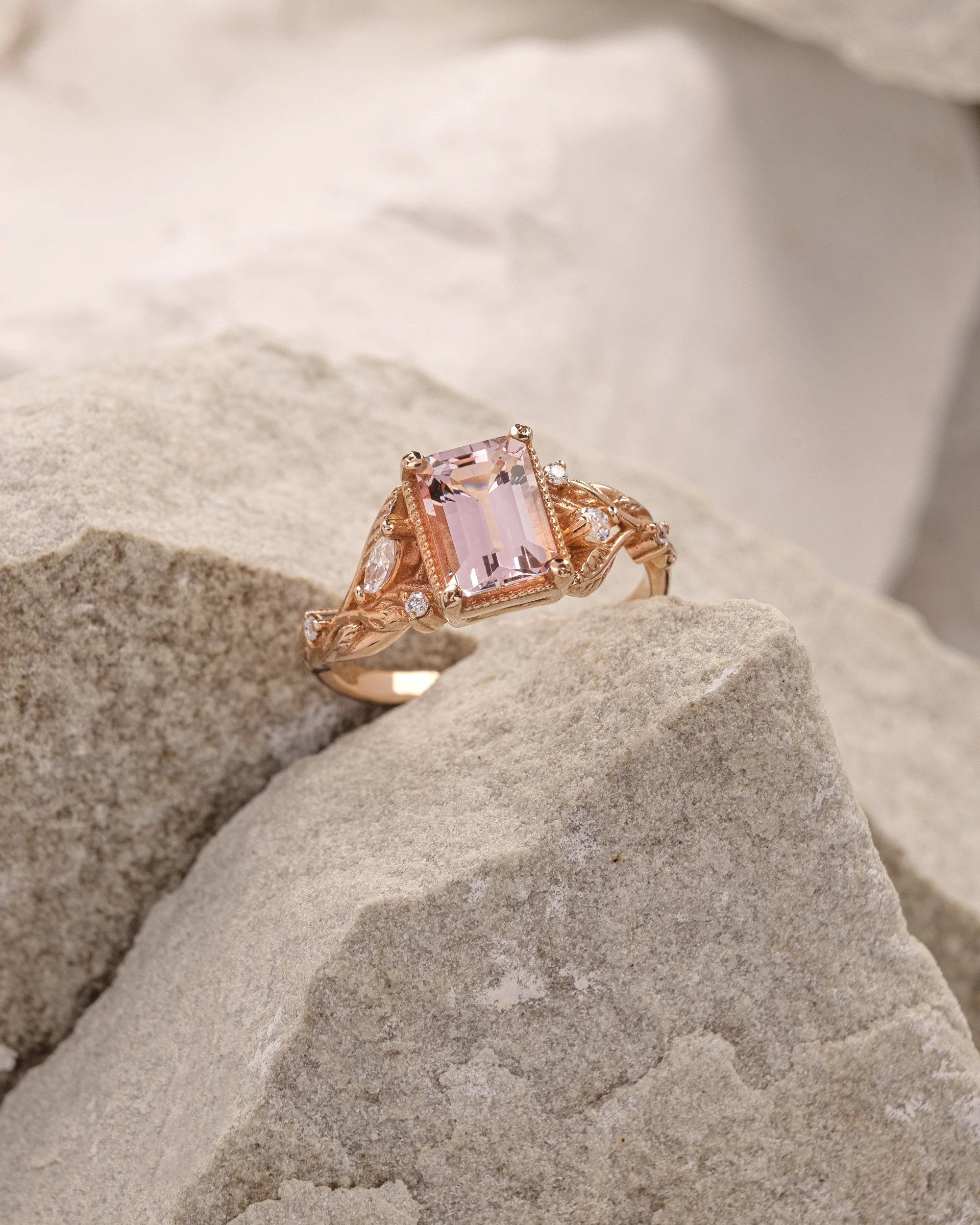 Nature inspired engagement ring with morganite, rose gold engagement ring with diamonds / Patricia - Image 2