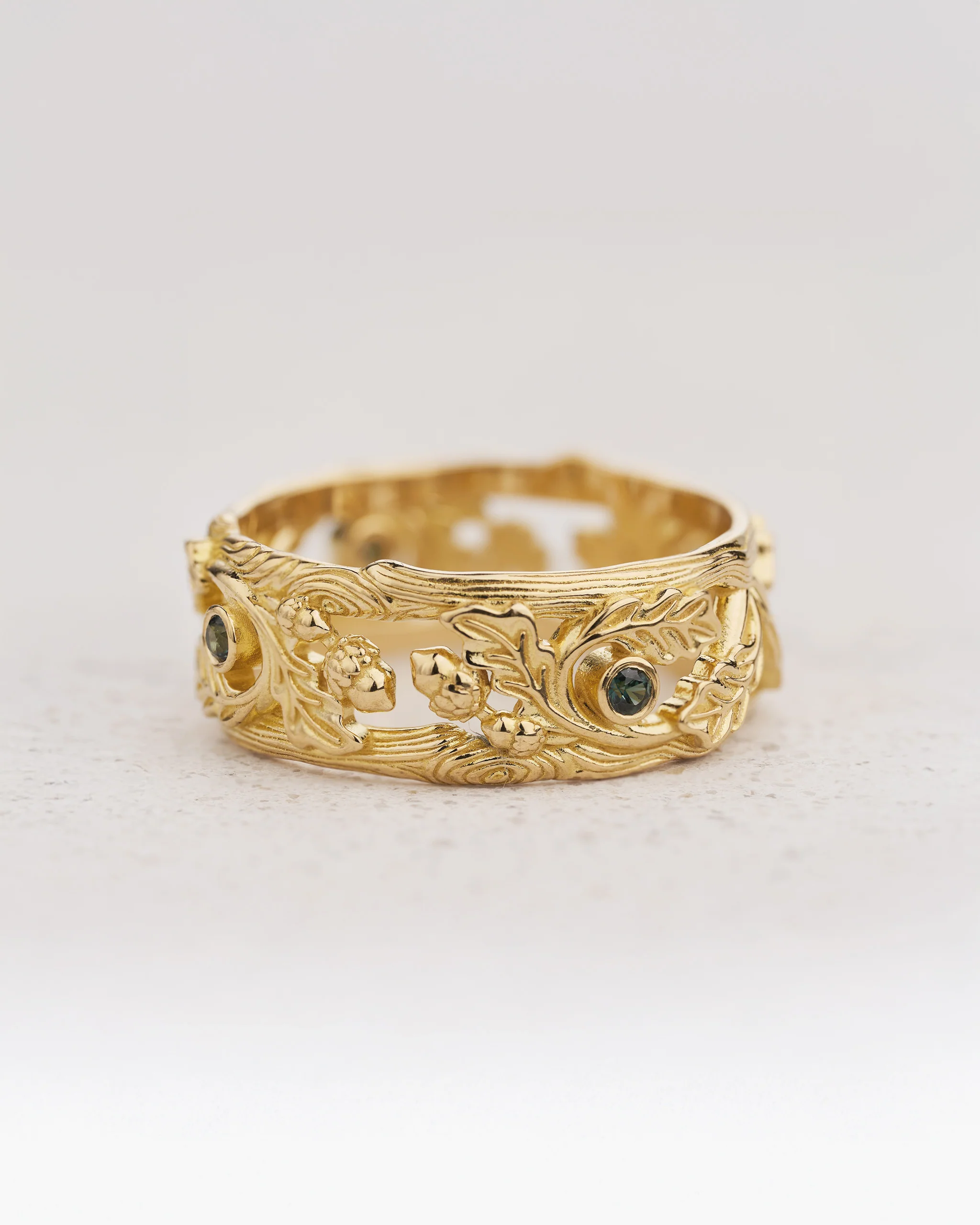 Oak Leaves and Accorns Wedding Band with Natural Teal Sapphires