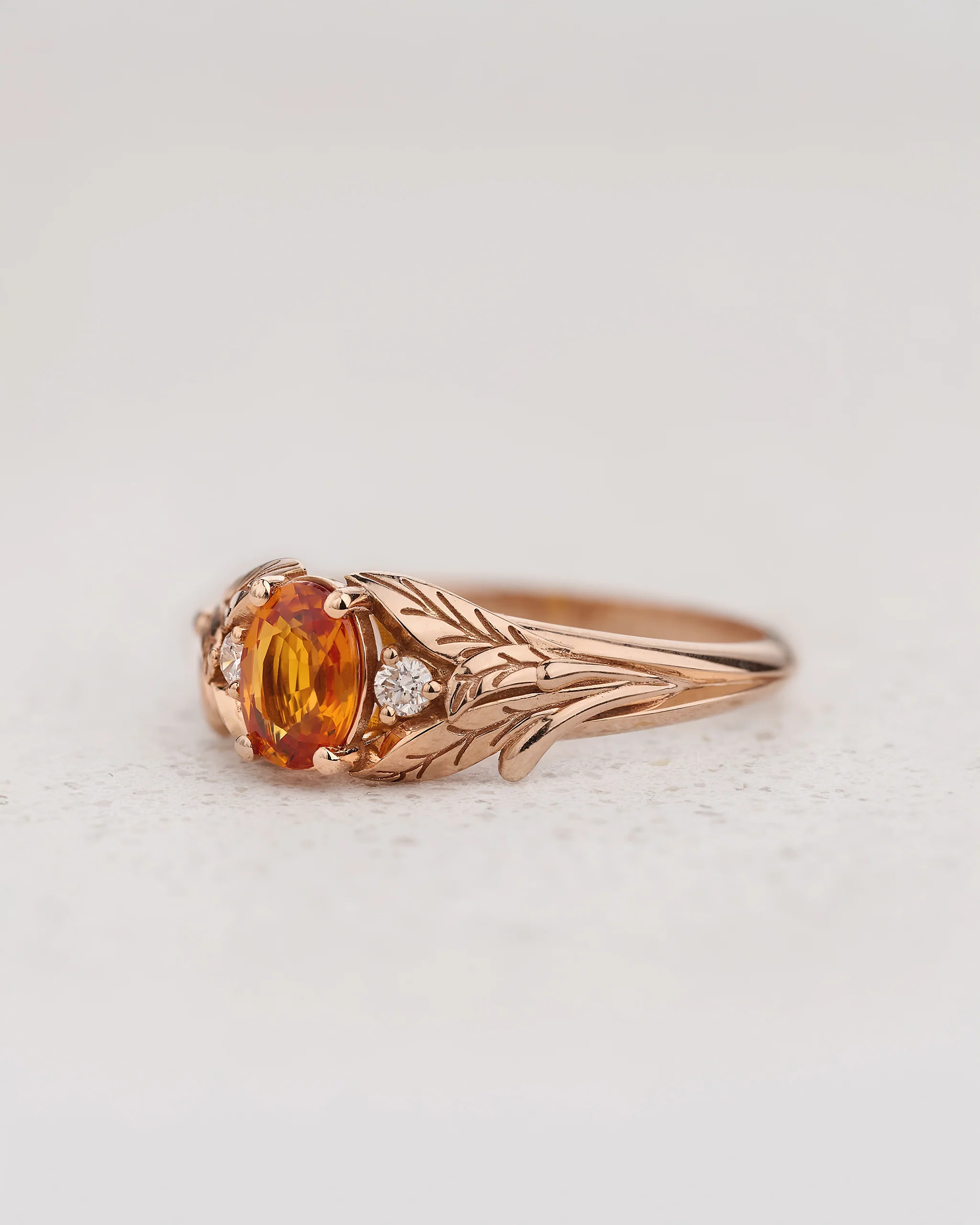 Orange sapphire engagement ring with diamonds, leaf engagement ring / Wisteria - Image 3
