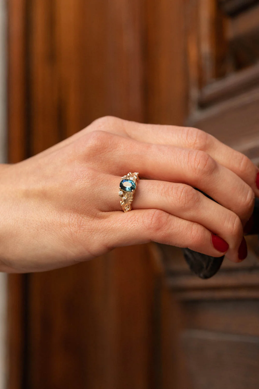 Oval sapphire engagement ring, gold oak leaves and diamonds promise ring / Silviya - Image 2