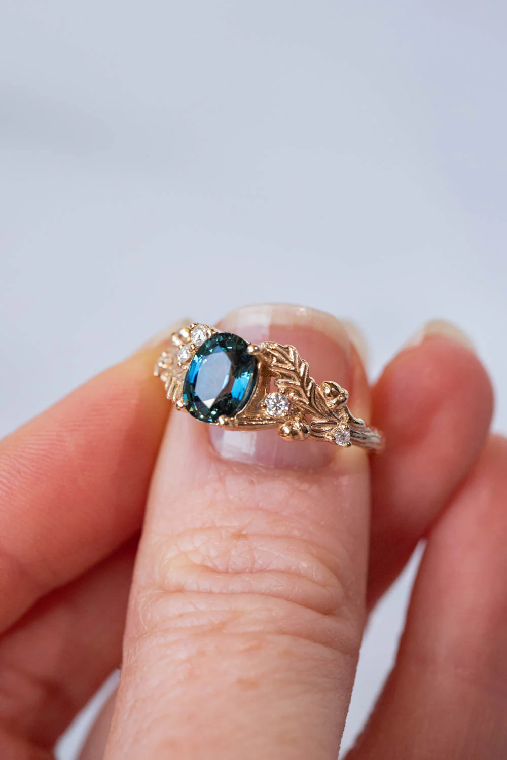 Oval sapphire engagement ring, gold oak leaves and diamonds promise ring / Silviya - Image 5