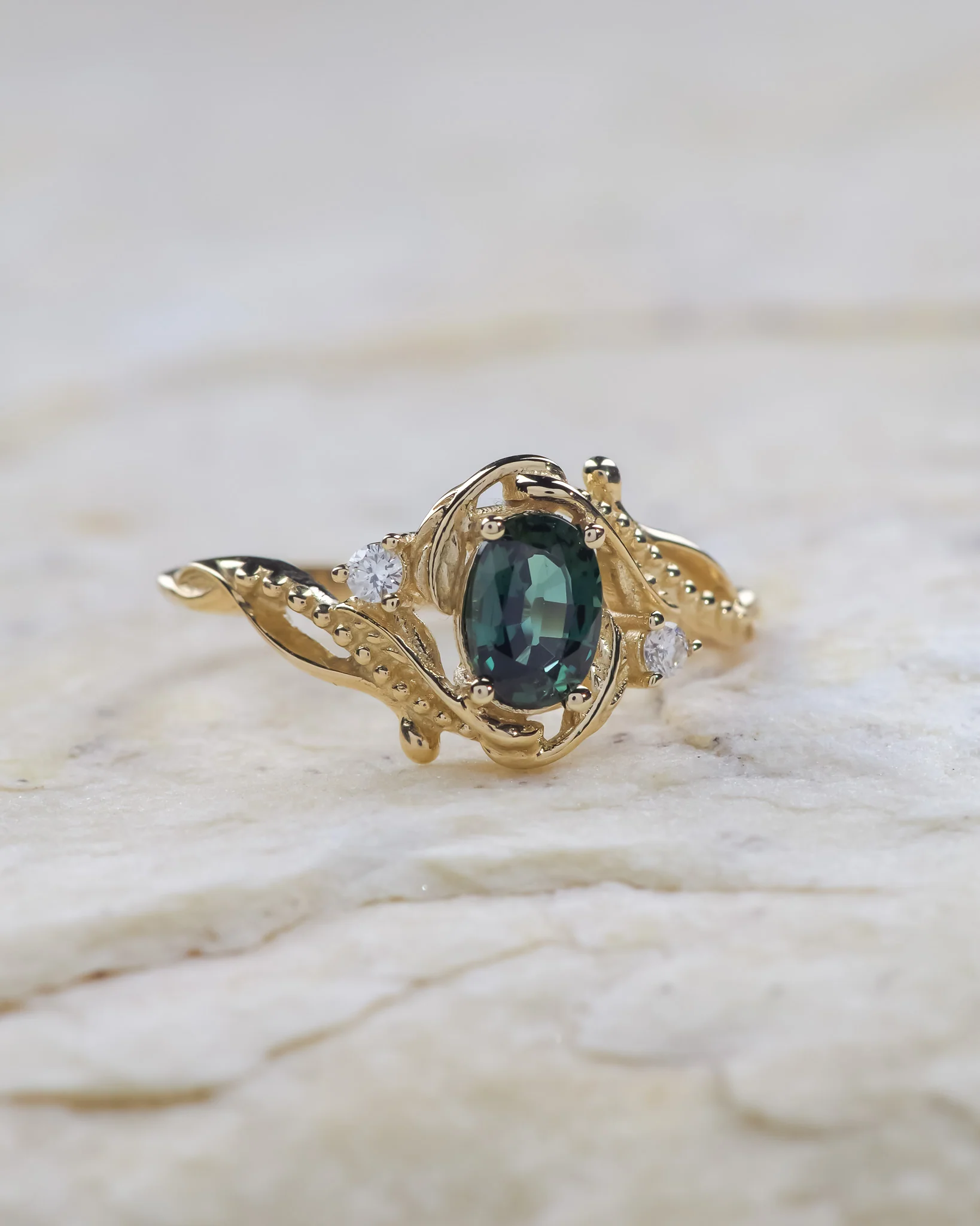 Oval teal sapphire engagement ring with diamonds / Undina