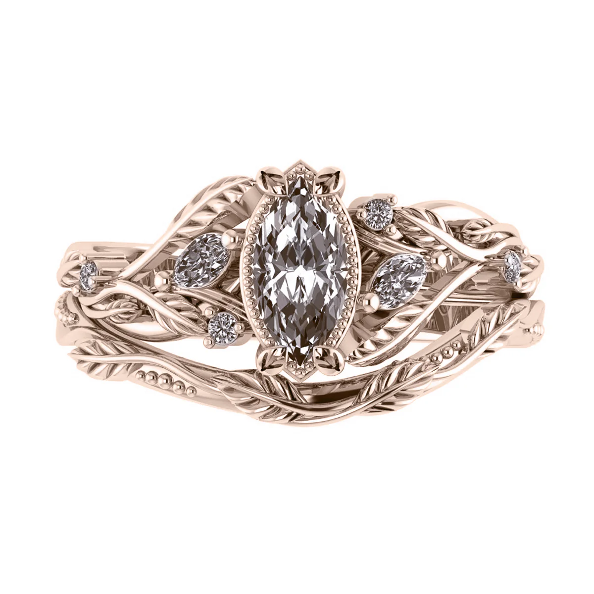Patricia asymmetric | custom bridal ring set for marquise cut gemstone 8x4 mm