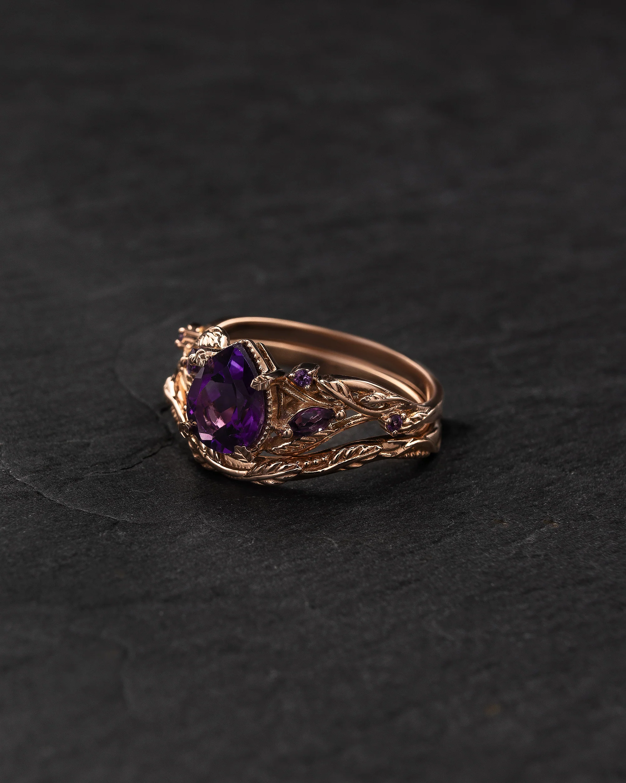 Pear amethyst bridal ring set, gold stacking twig rings / Patricia - Image 2