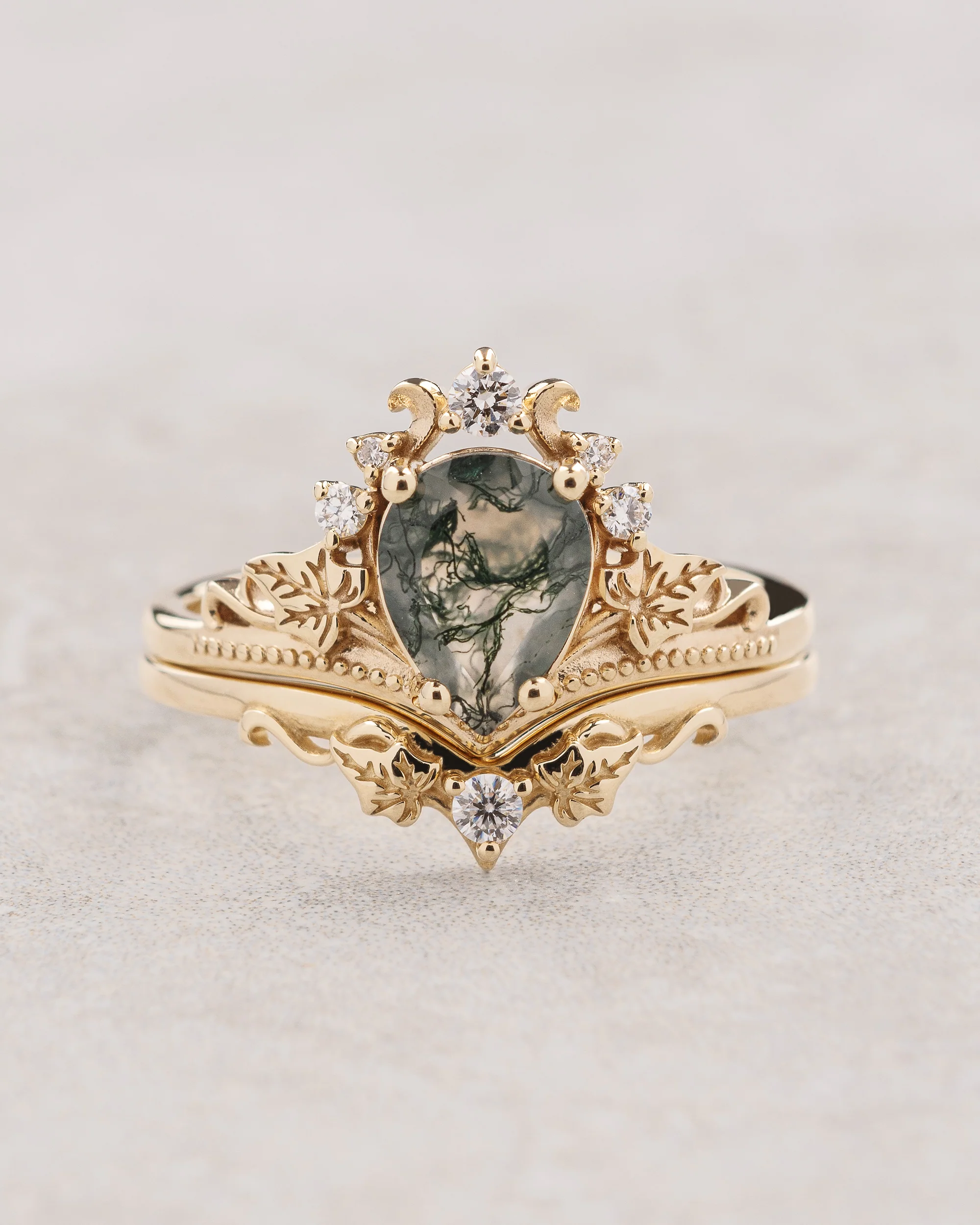 Natural moss agate bridal ring set, alternative engagement ring set / Ariadne - Image 4