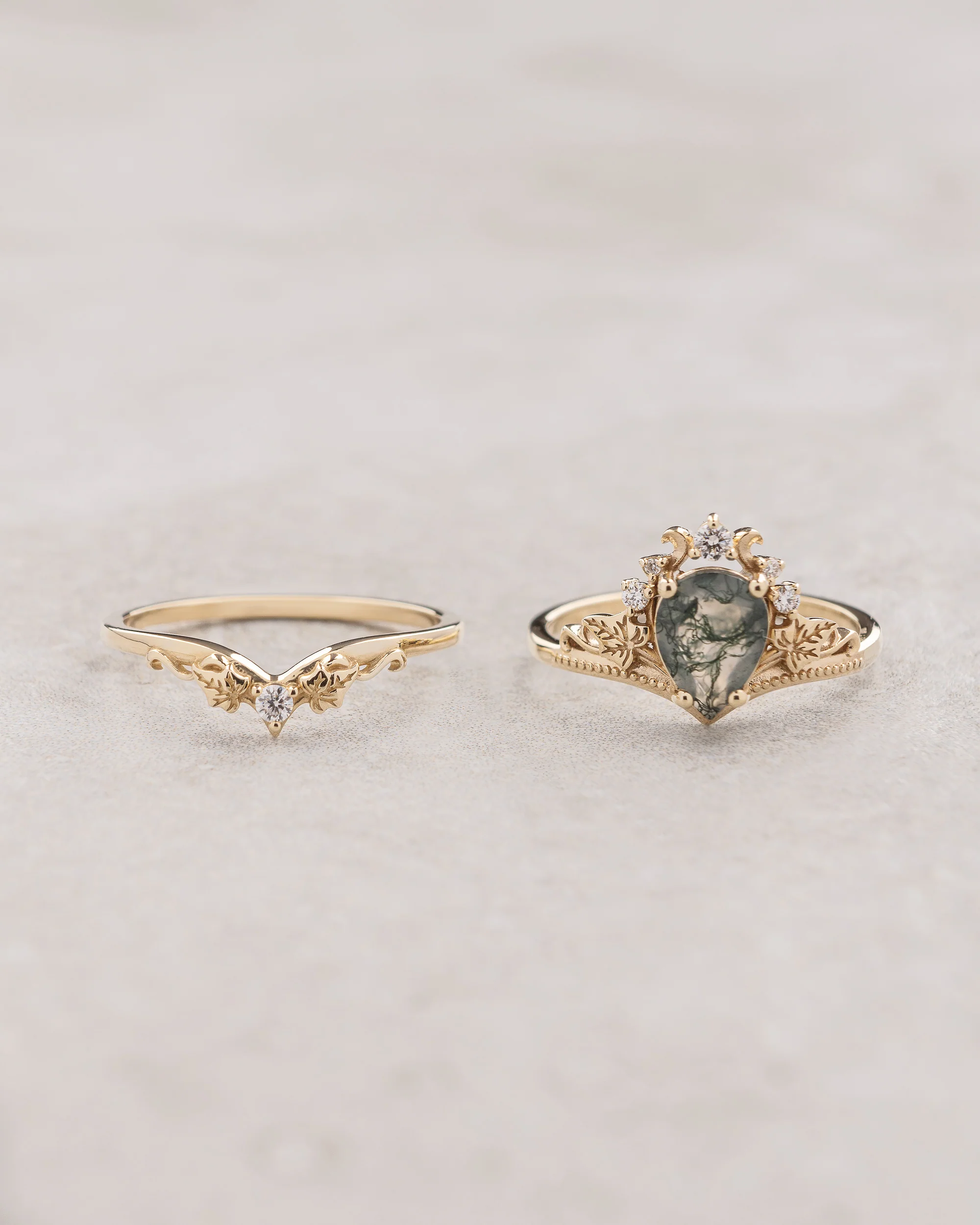 Natural moss agate bridal ring set, alternative engagement ring set / Ariadne - Image 6