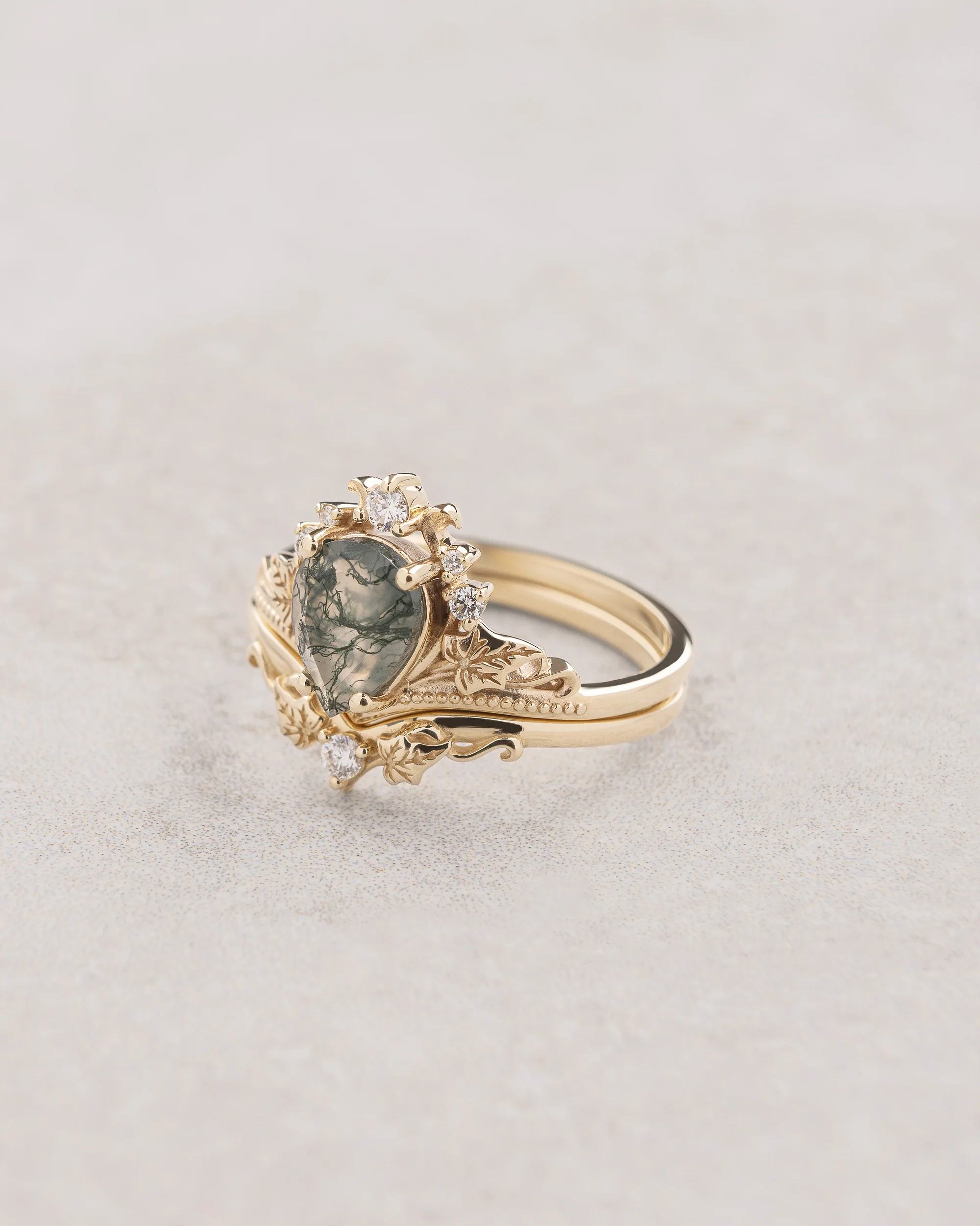 Natural moss agate bridal ring set, alternative engagement ring set / Ariadne - Image 5