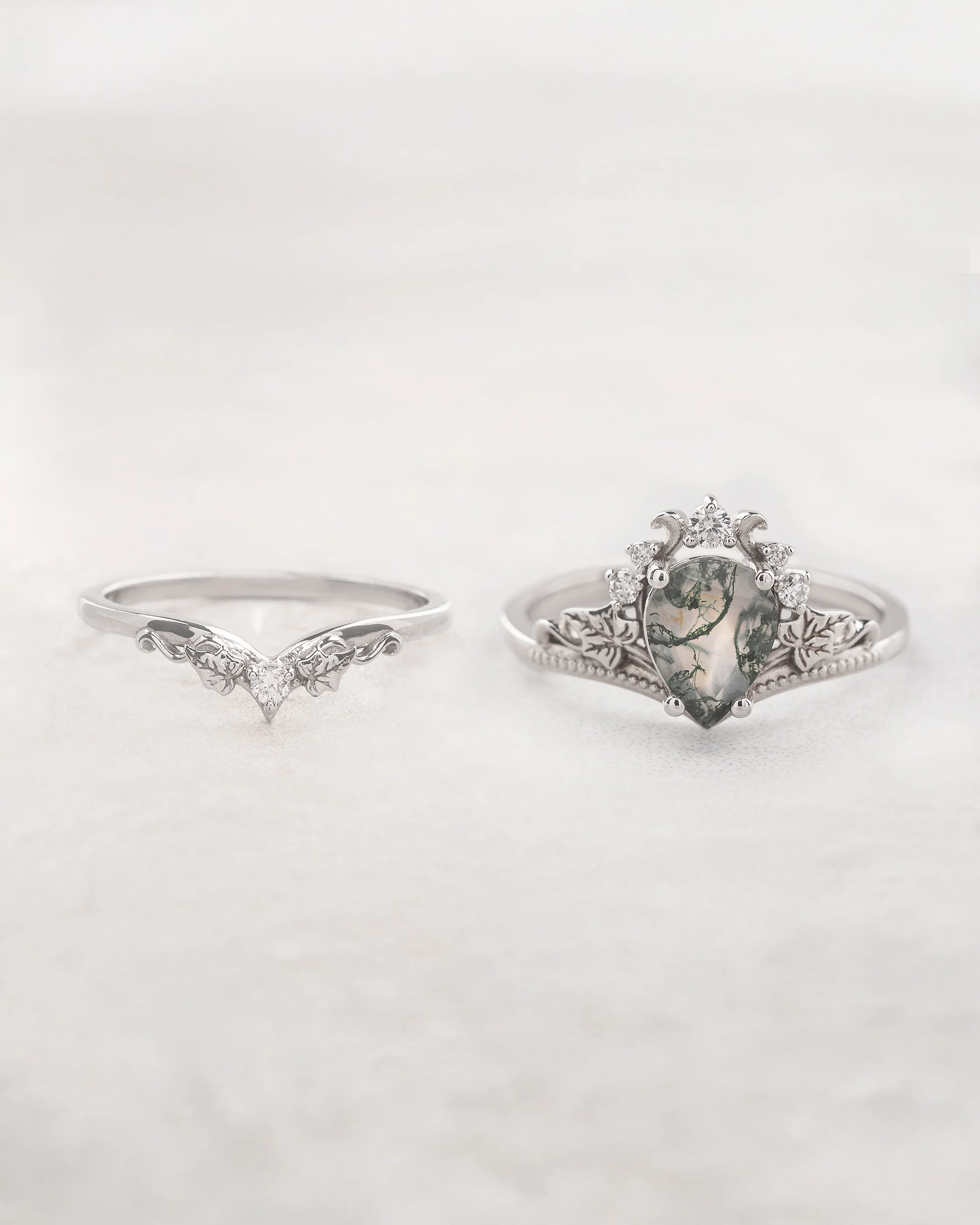 Natural moss agate bridal ring set, alternative engagement ring set / Ariadne - Image 2