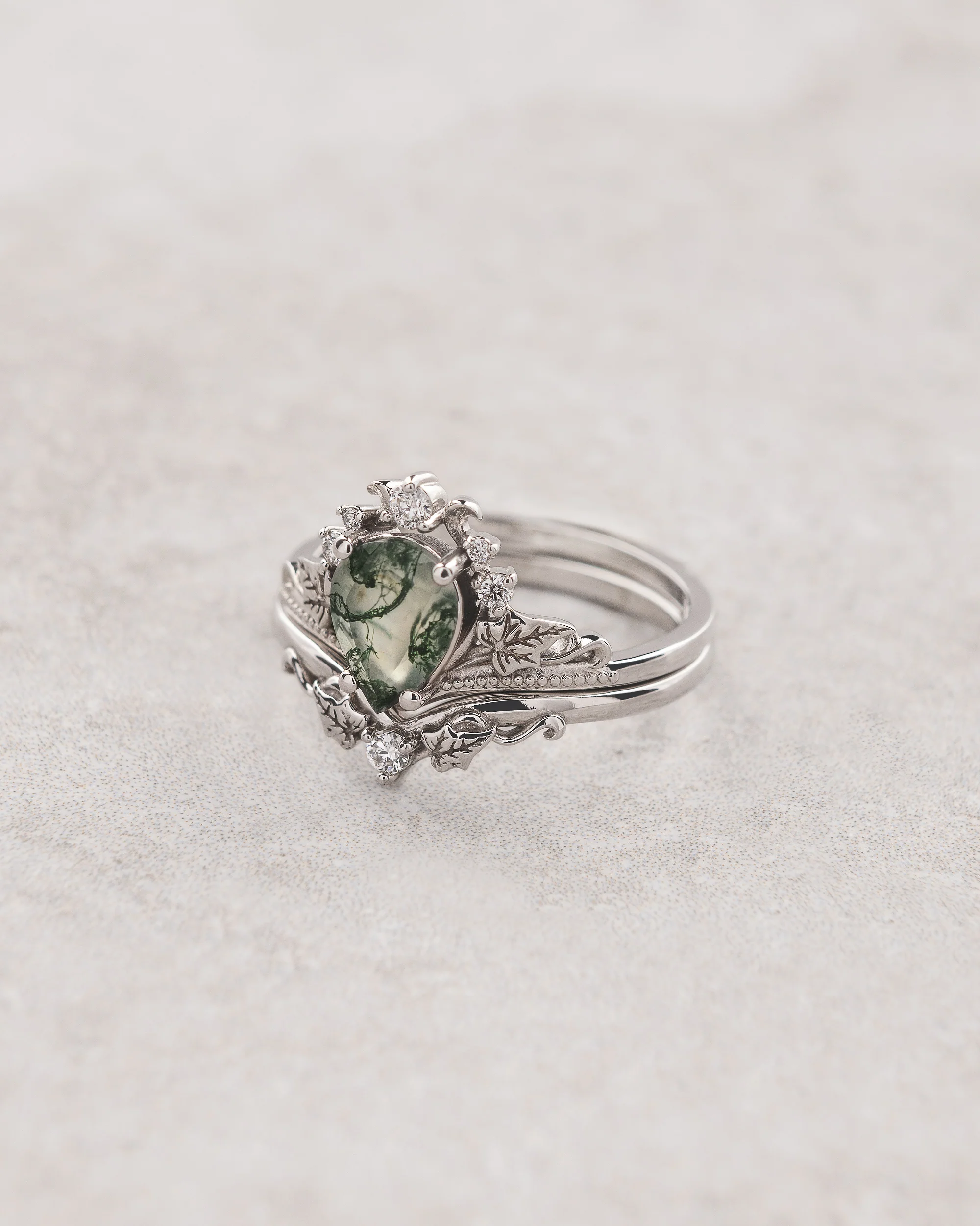 Natural moss agate bridal ring set, alternative engagement ring set / Ariadne - Image 3