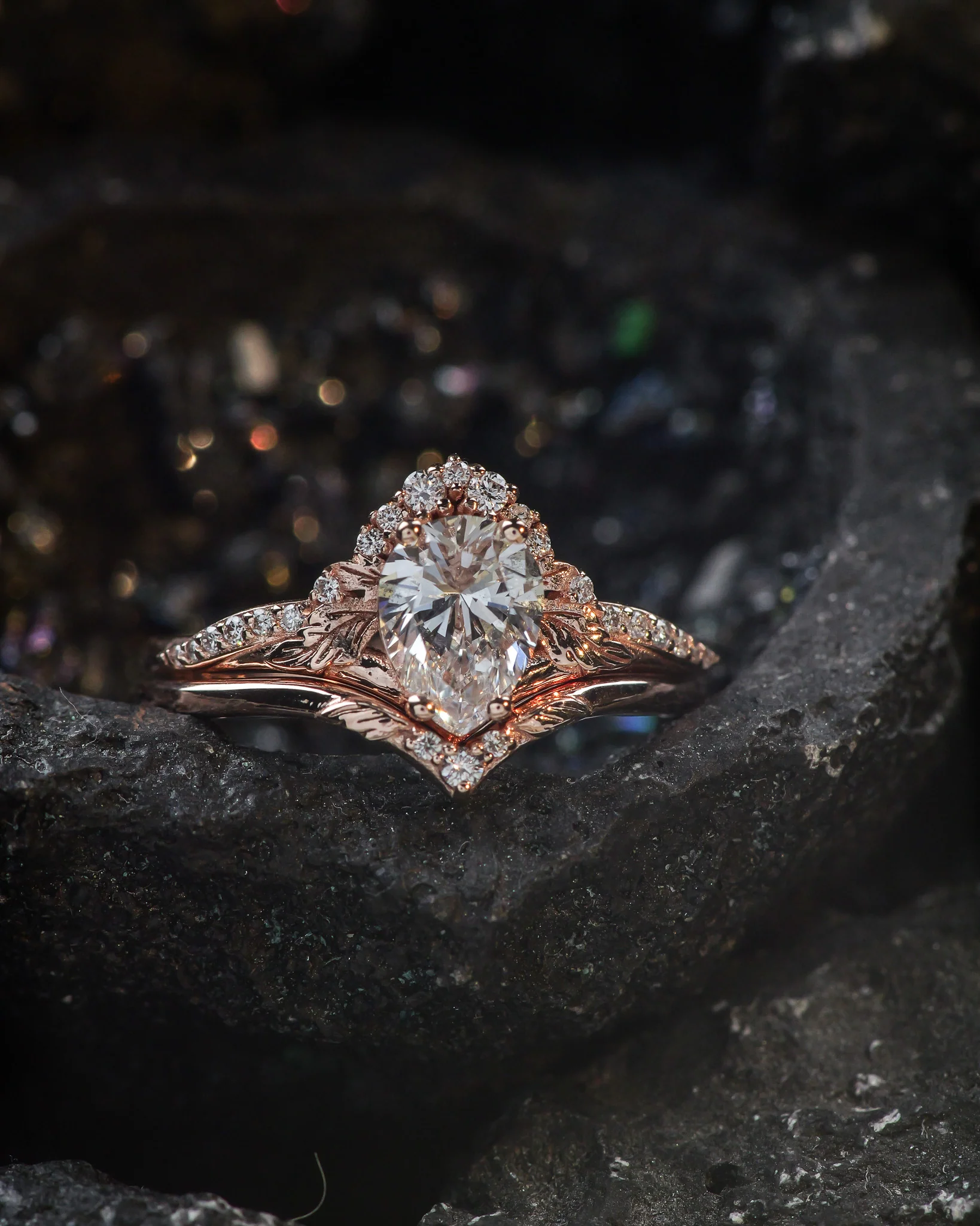 Pear lab grown diamond engagement ring, nature inspired gold promise ring with diamonds / Amelia - Image 5