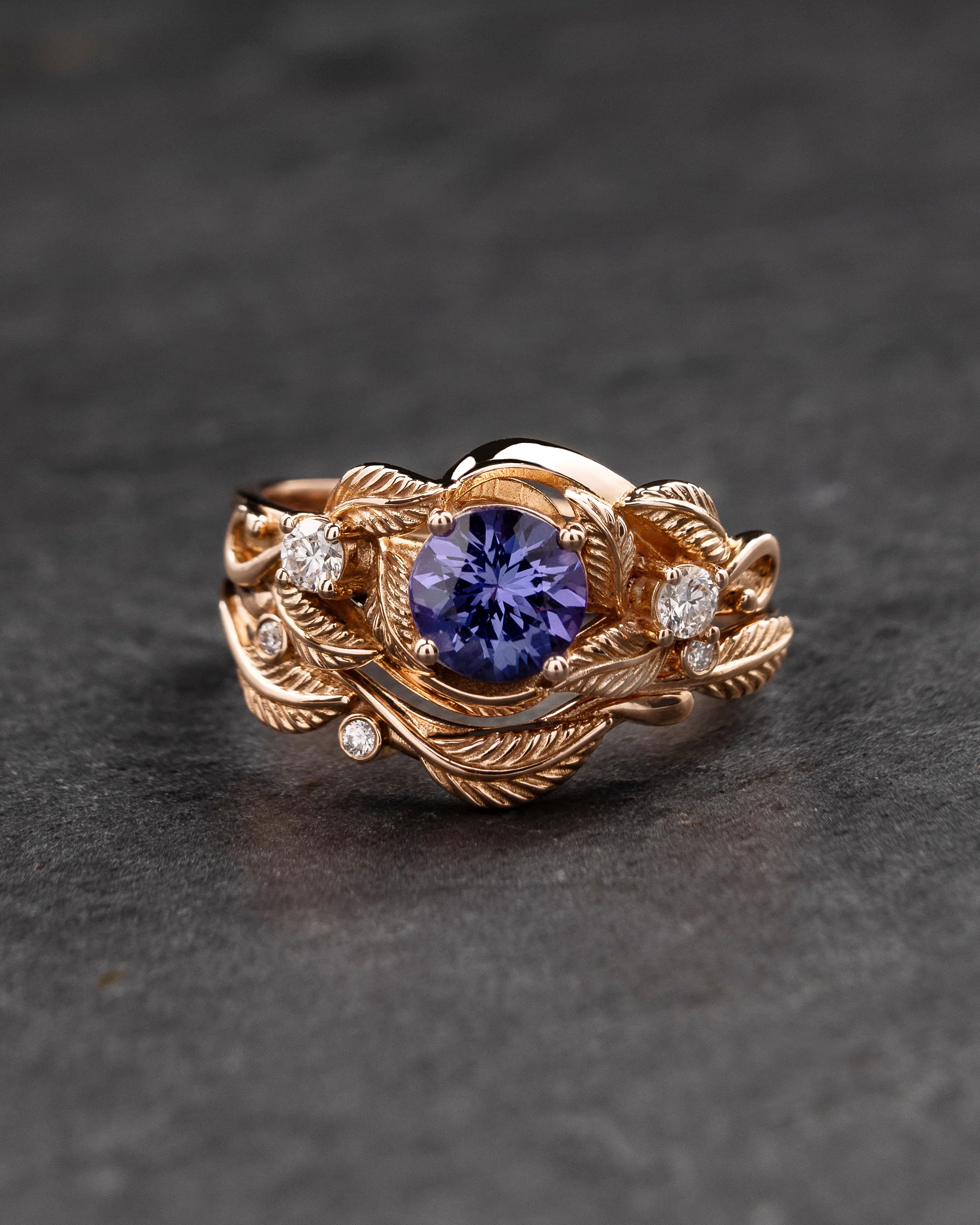 Purple tanzanite bridal ring set with golden leaves / Azalea