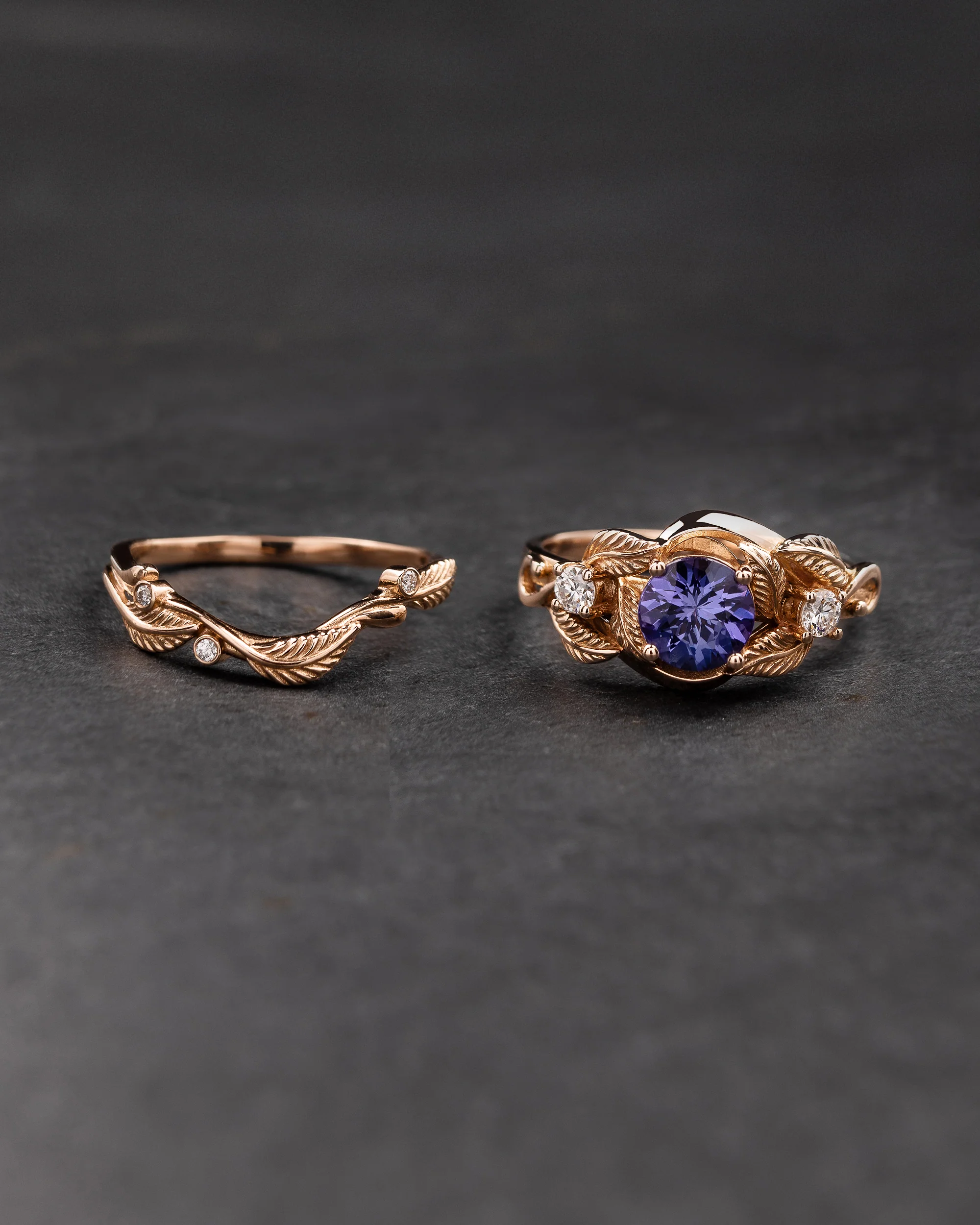 Purple tanzanite bridal ring set with golden leaves / Azalea - Image 2