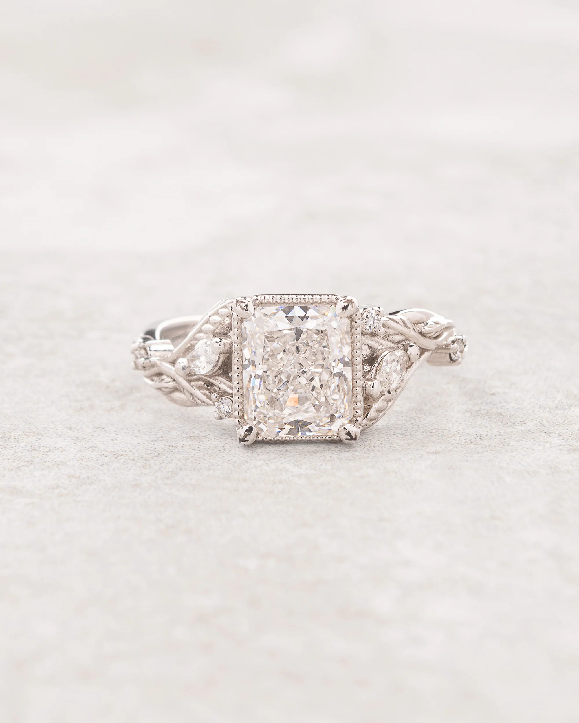 Radiant cut lab grown diamond engagement ring, white gold leaves and diamonds proposal ring / Patricia