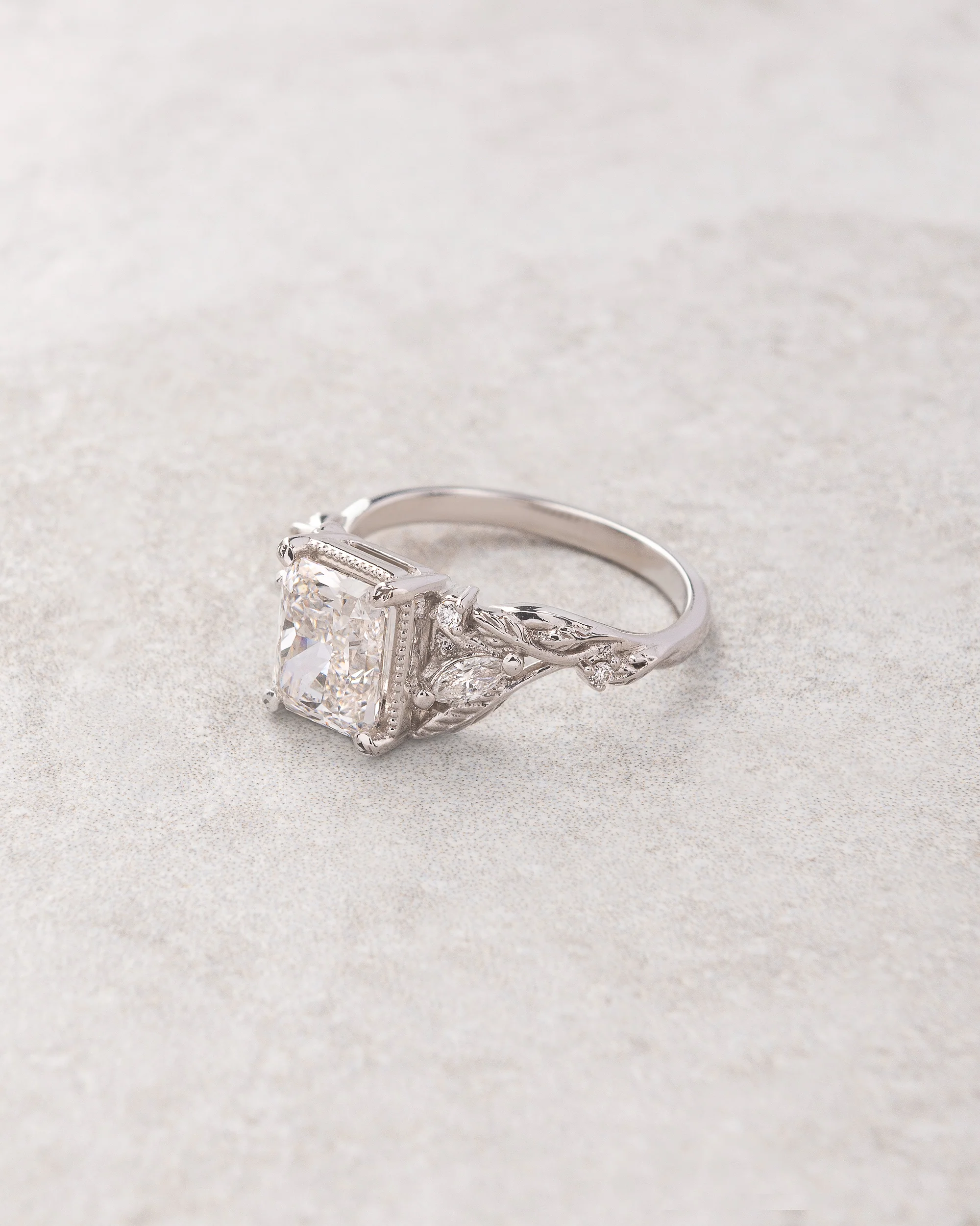 Radiant cut lab grown diamond engagement ring, white gold leaves and diamonds proposal ring / Patricia - Image 2
