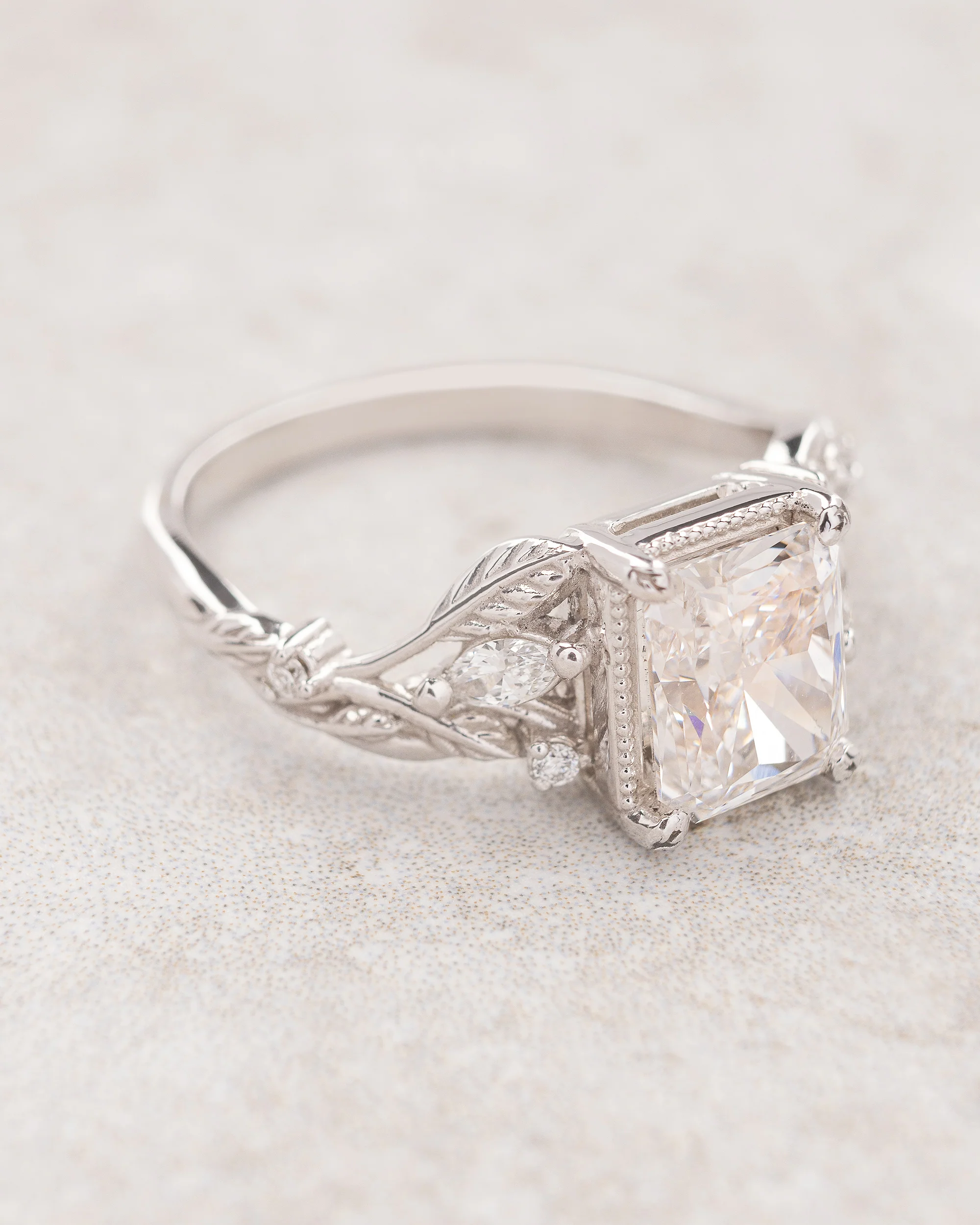 Radiant cut lab grown diamond engagement ring, white gold leaves and diamonds proposal ring / Patricia - Image 3