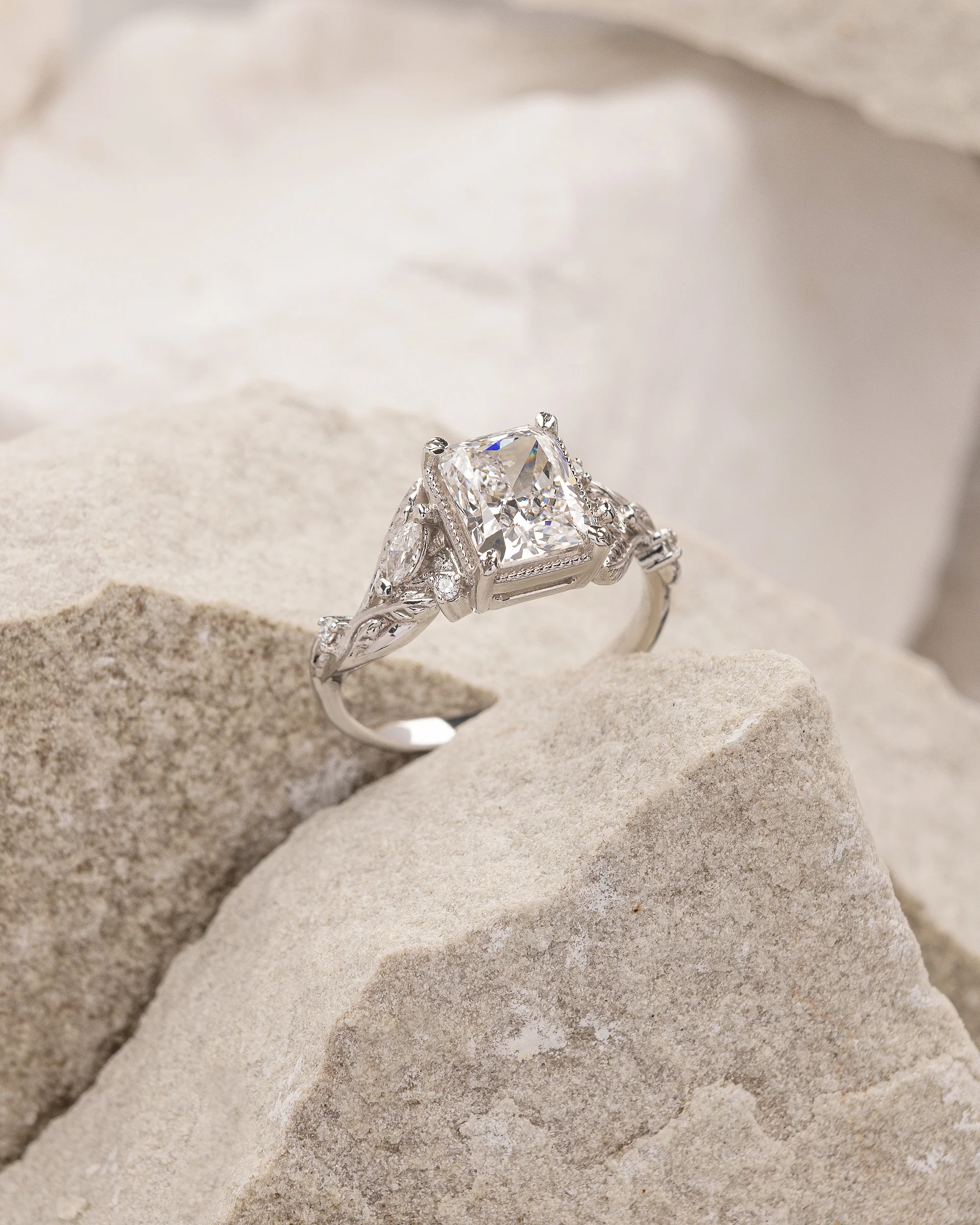 Radiant cut lab grown diamond engagement ring, white gold leaves and diamonds proposal ring / Patricia - Image 4